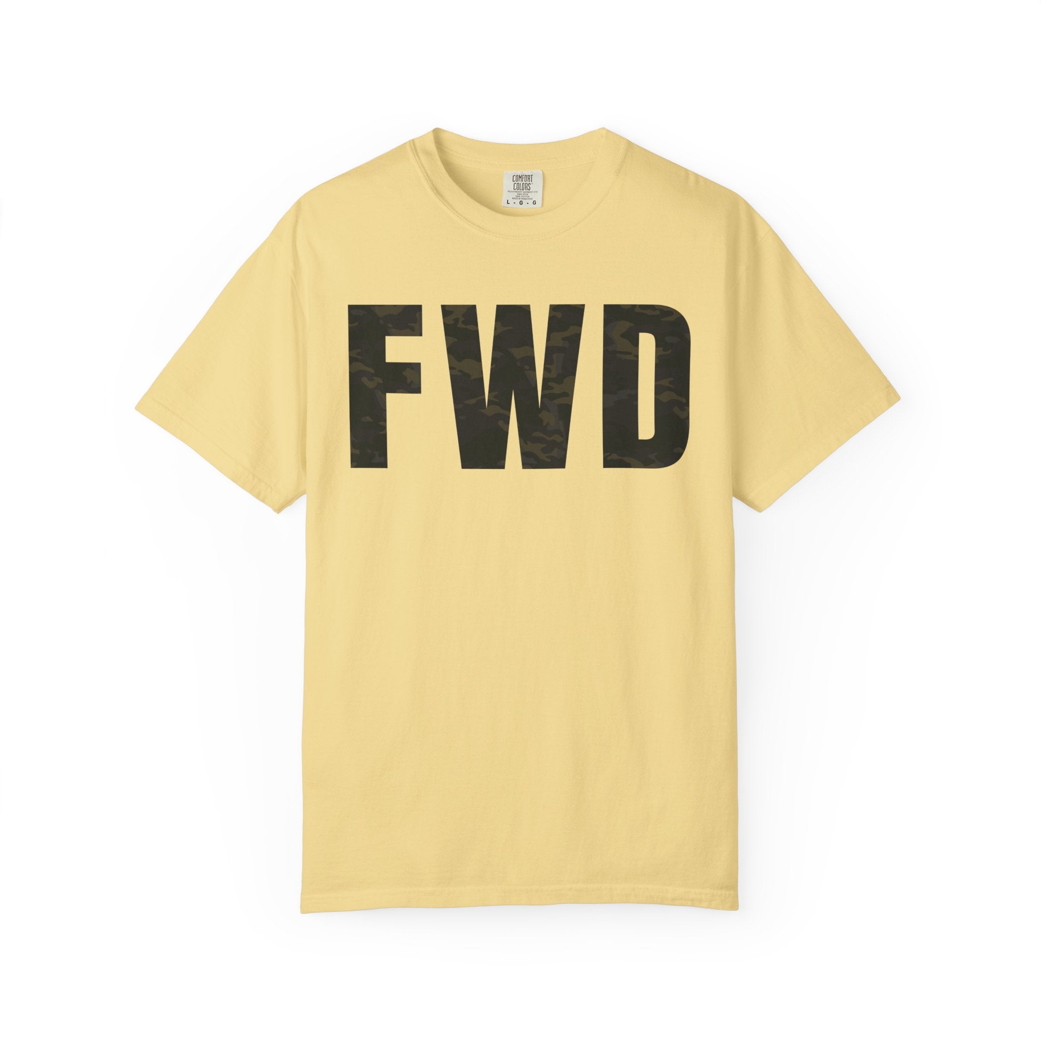 Butter heavyweight cotton t-shirt with multicam camo "FWD" text, relaxed fit and rib collar, garment-dyed finish.