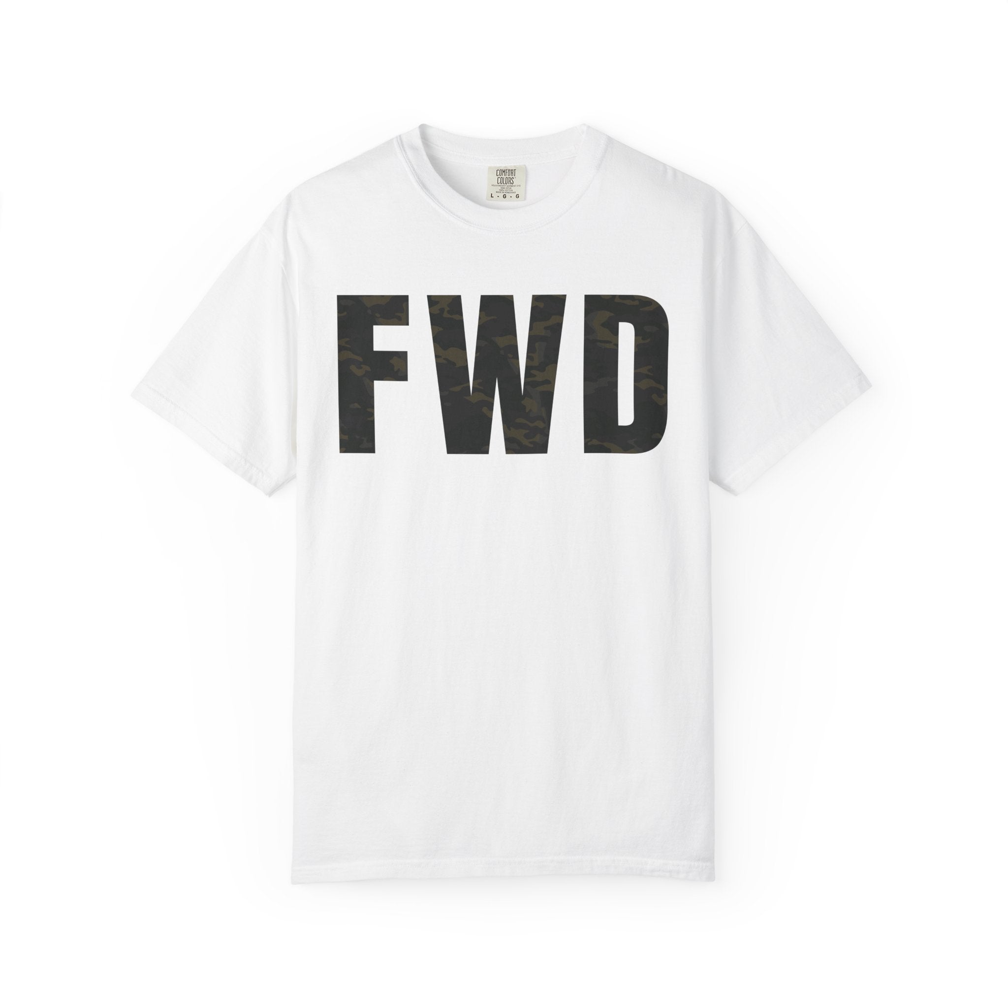 White heavyweight cotton t-shirt with multicam camo "FWD" text, relaxed fit and rib collar, garment-dyed finish.