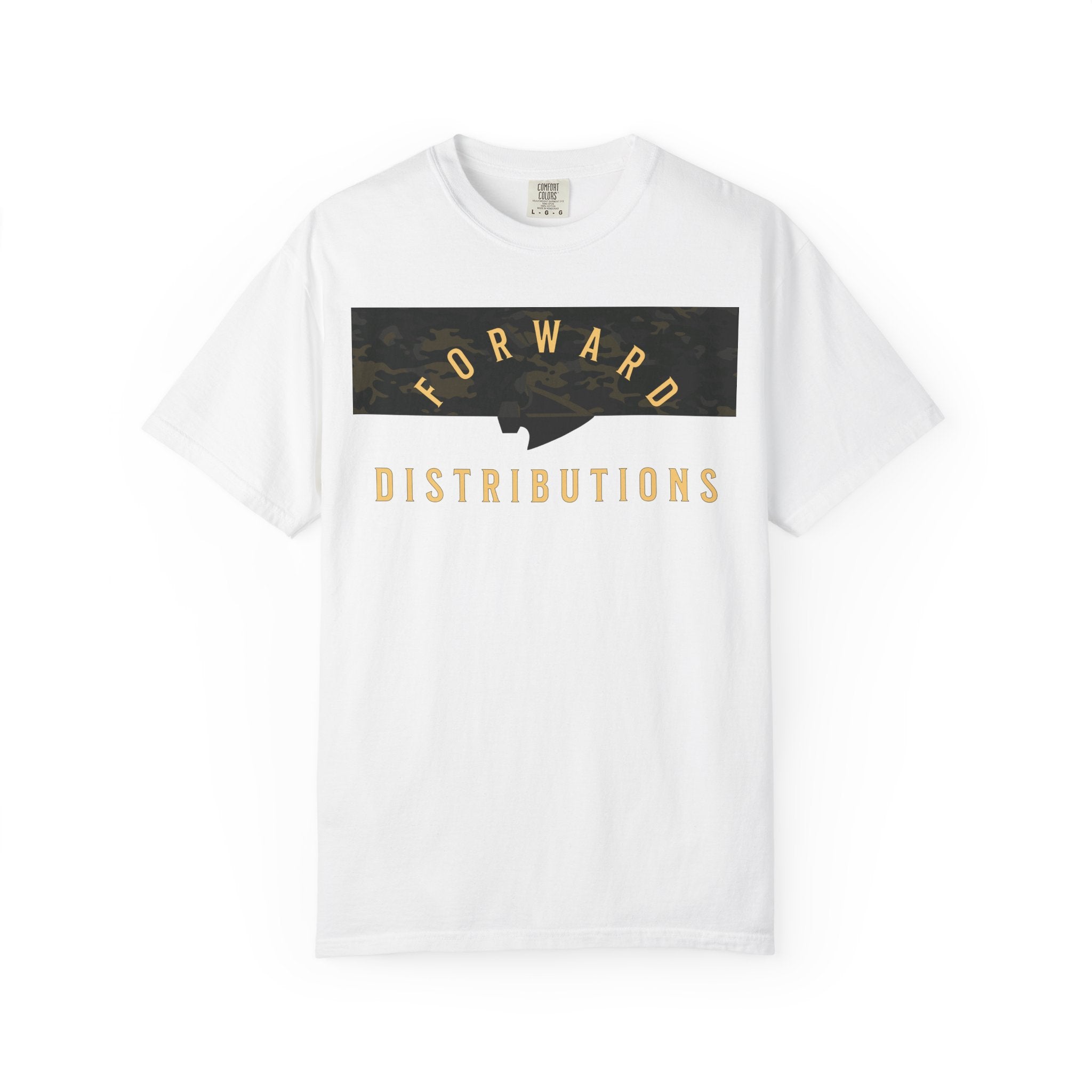 White Split Camo Multicam t-shirt with Forward Distributions text, heavyweight cotton, relaxed fit, rib collar