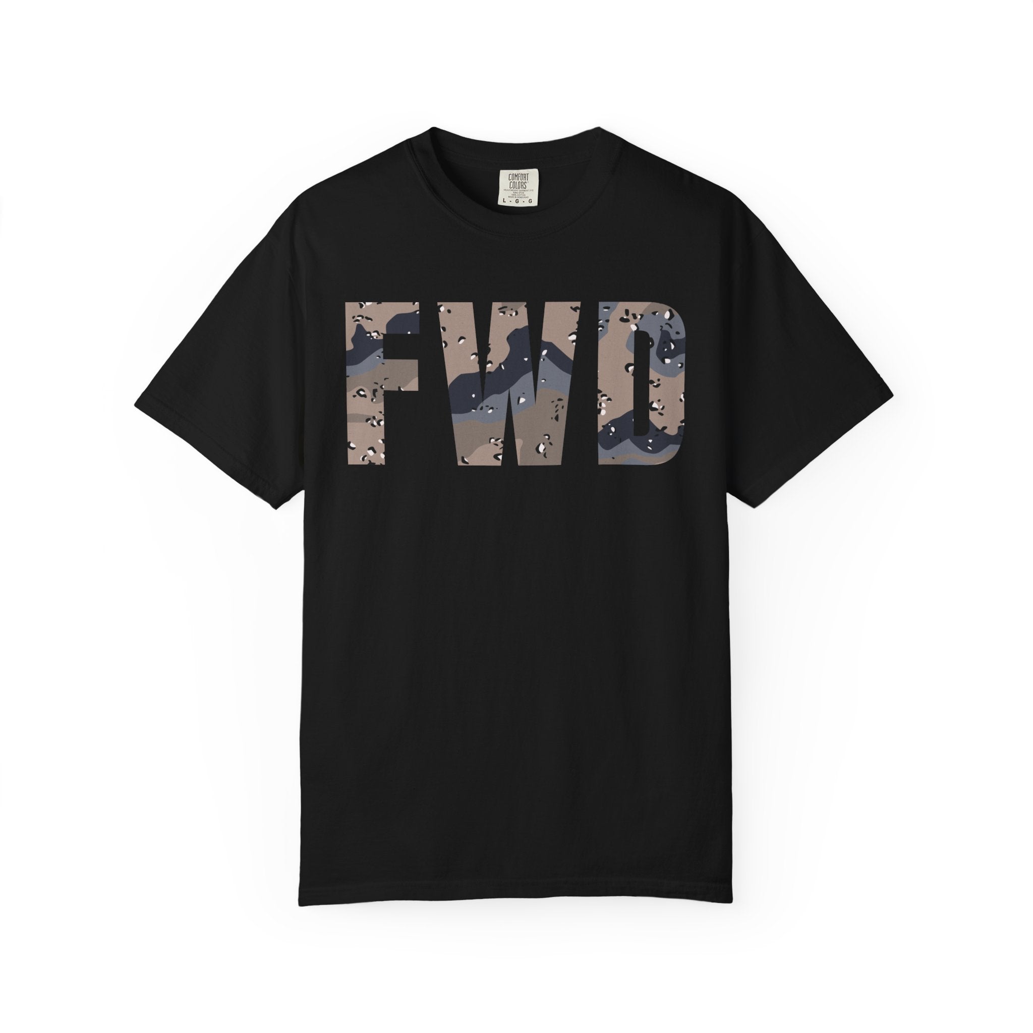 Black heavyweight cotton t-shirt with FWD text in blueberry chip camouflage print, relaxed fit and rib collar.