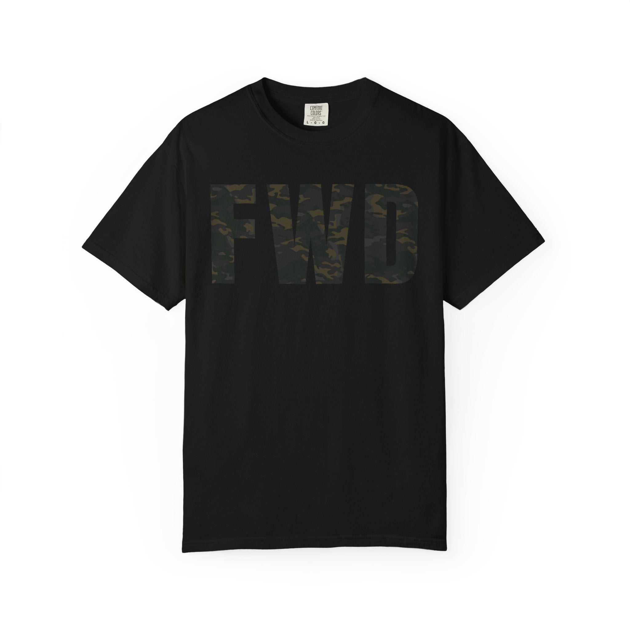 Black heavyweight cotton t-shirt with multicam camo "FWD" text, relaxed fit and rib collar, garment-dyed finish.