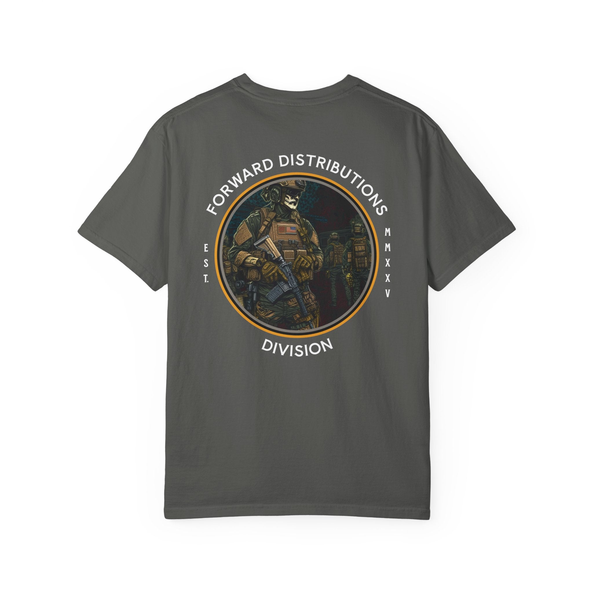 Pepper t-shirt with a circular graphic design with a soldier wearing a helmet and tactical gear, with text around the design reading "FORWARD DISTRIBUTIONS DIVISION."
