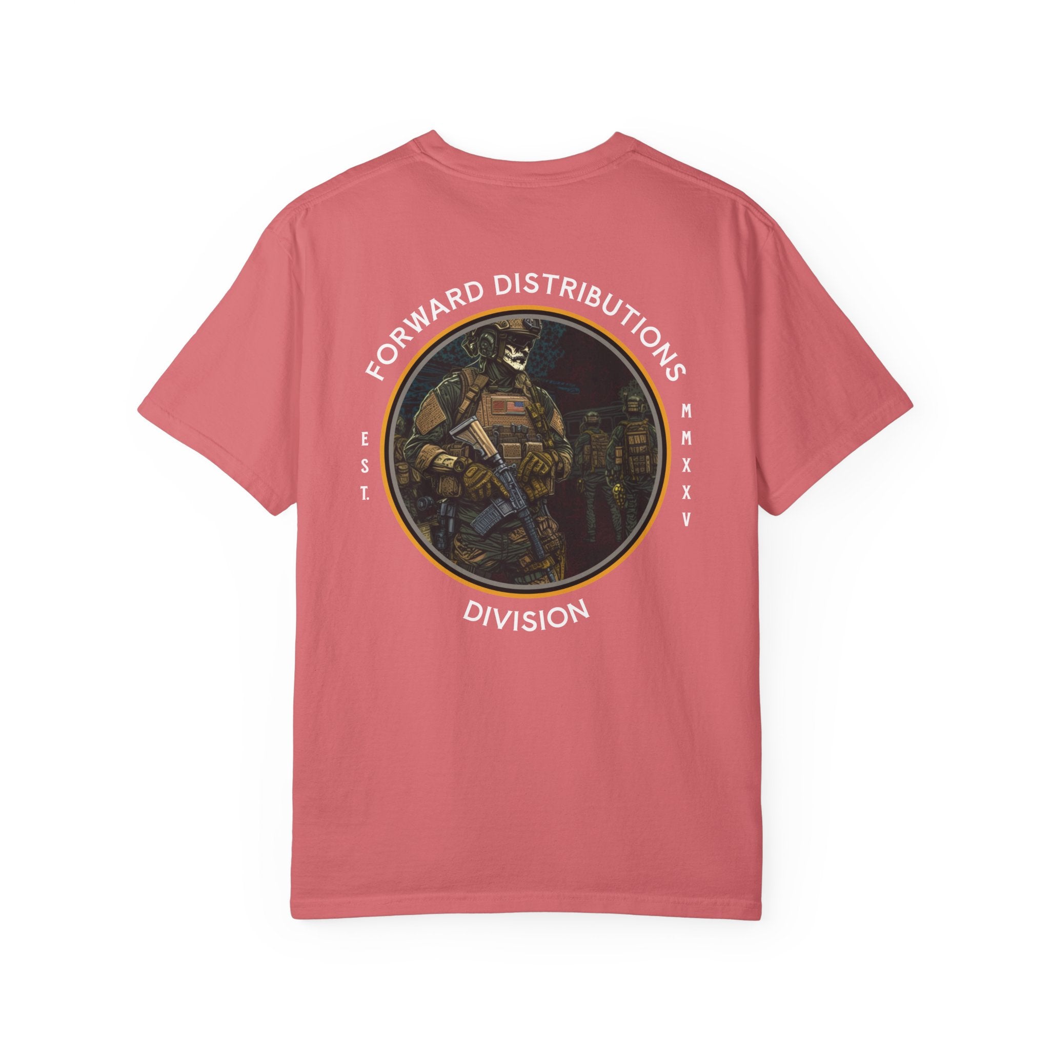 Watermelon t-shirt with a circular graphic design with a soldier wearing a helmet and tactical gear, with text around the design reading "FORWARD DISTRIBUTIONS DIVISION."