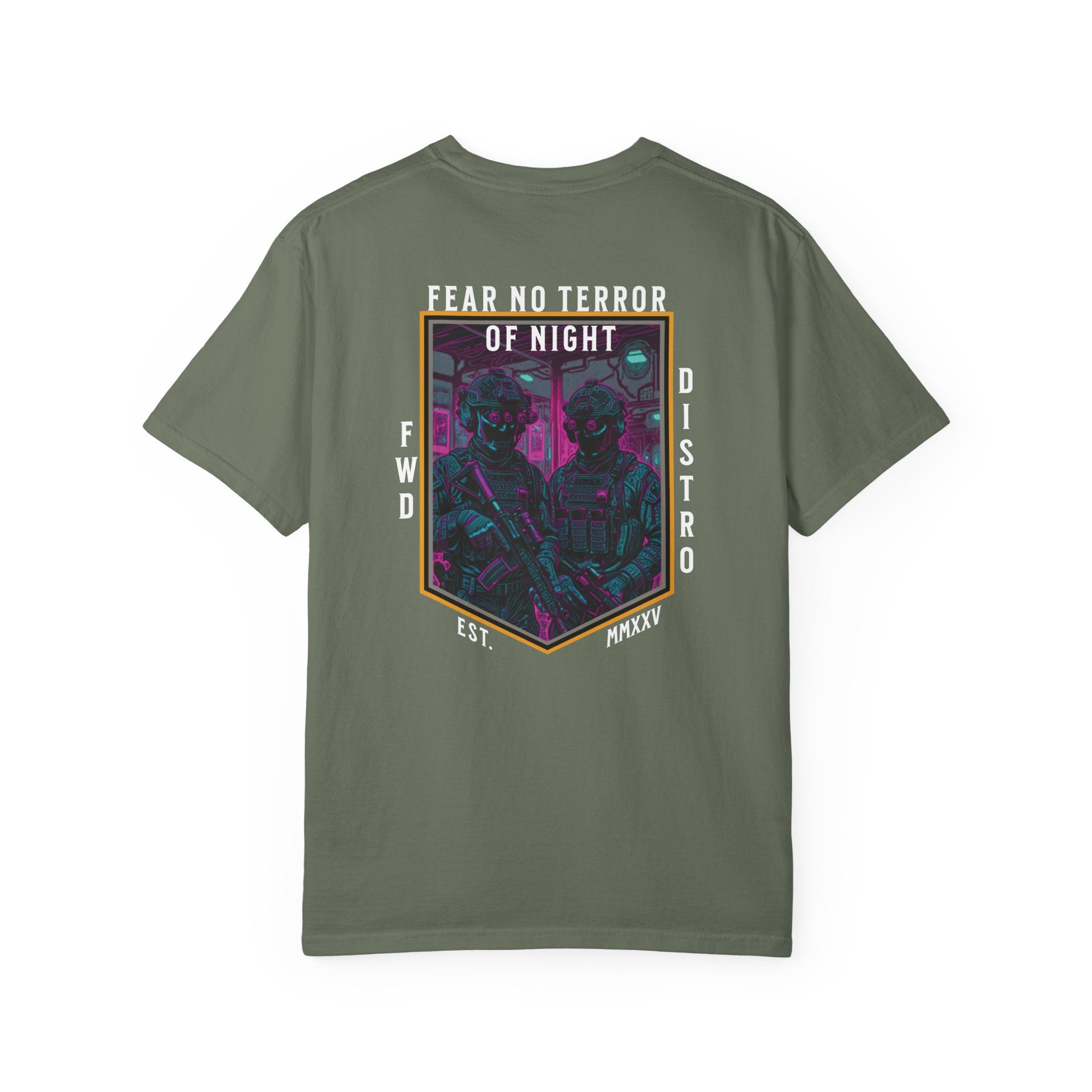 Moss t-shirt with a neon-colored graphic featuring a framed image of two soldiers in tactical gear with rifles and night vision goggles, with text "FEAR NO TERROR OF NIGHT" at the top of the design, giving the art a futuristic, synthwave aesthetic.