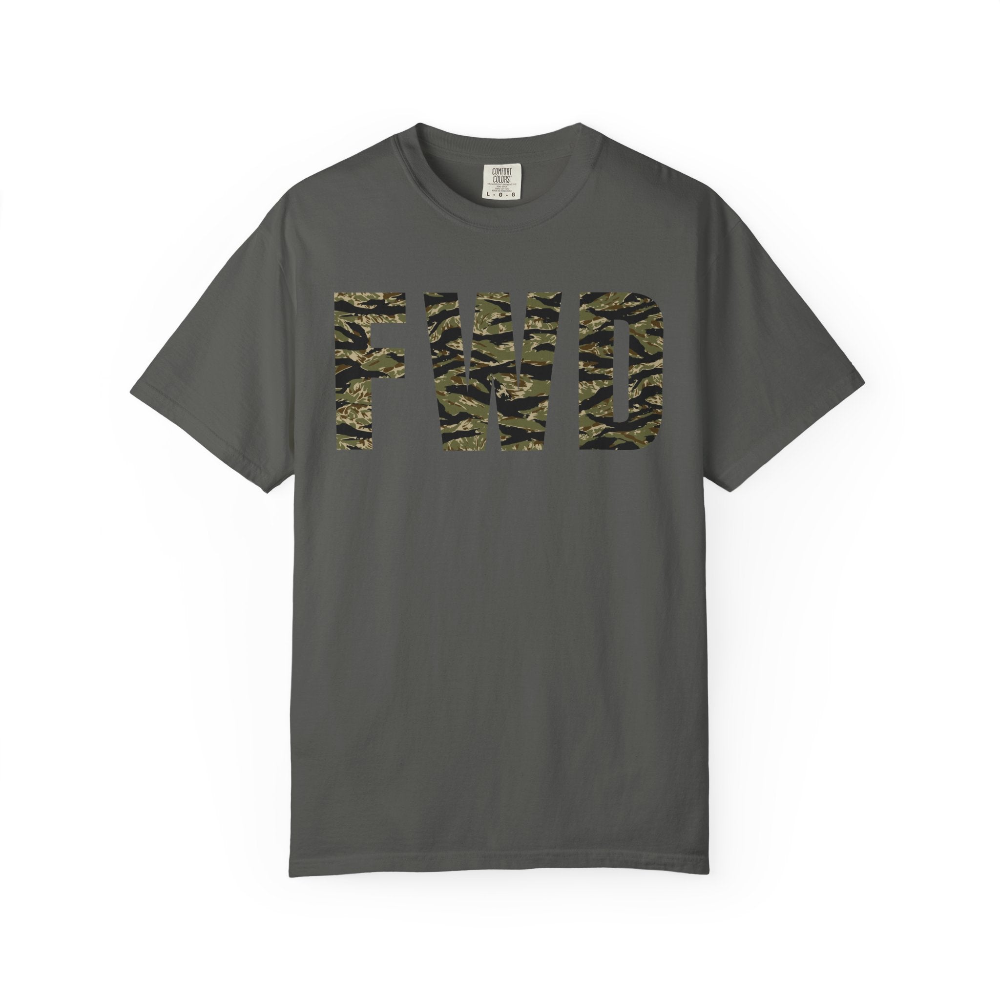 Pepper heavyweight cotton t-shirt with tiger stripe FWD logo printed on the front in classic relaxed fit design.