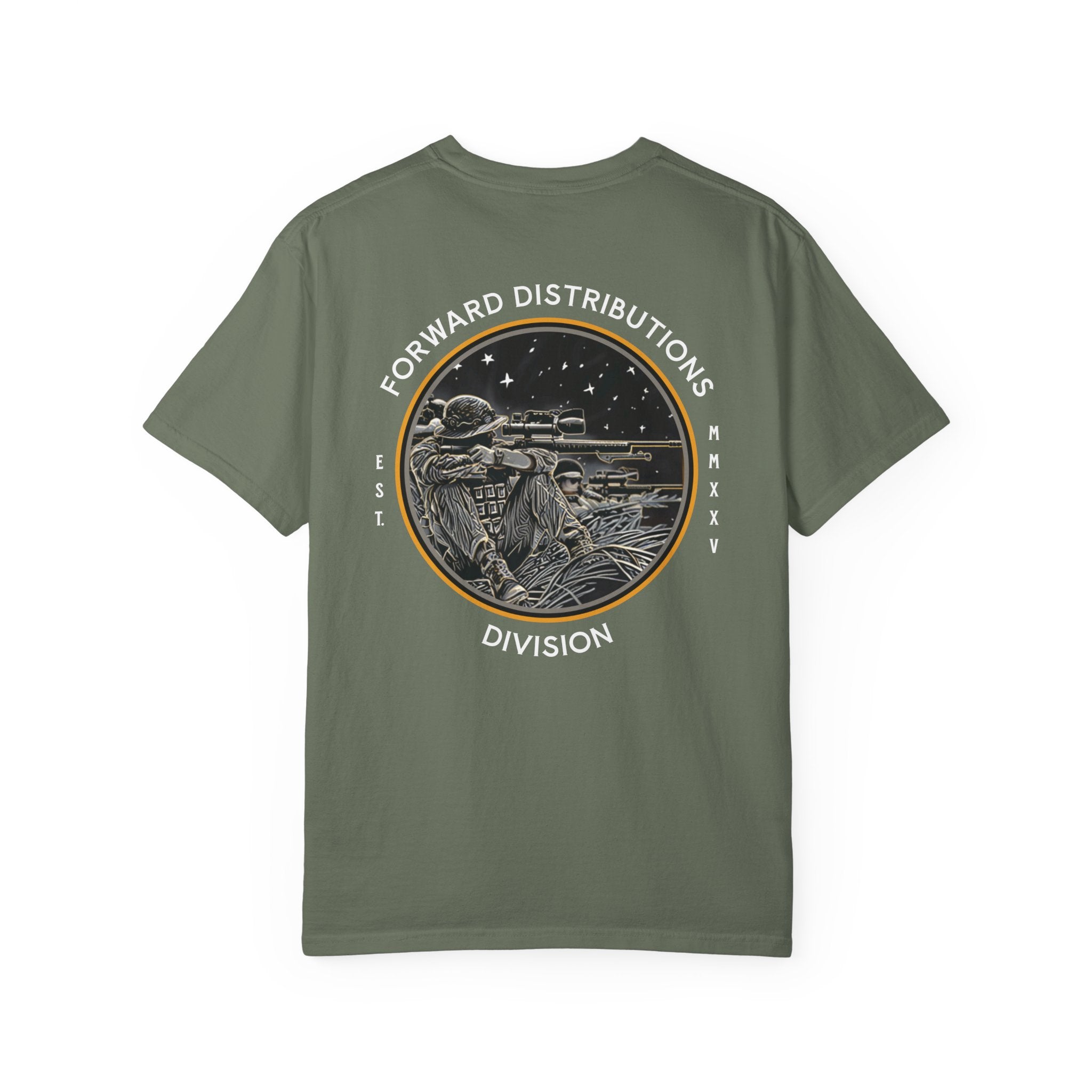 Moss FDD Circle III t-shirt with soldier sniper graphic and Forward Distributions Division text on back