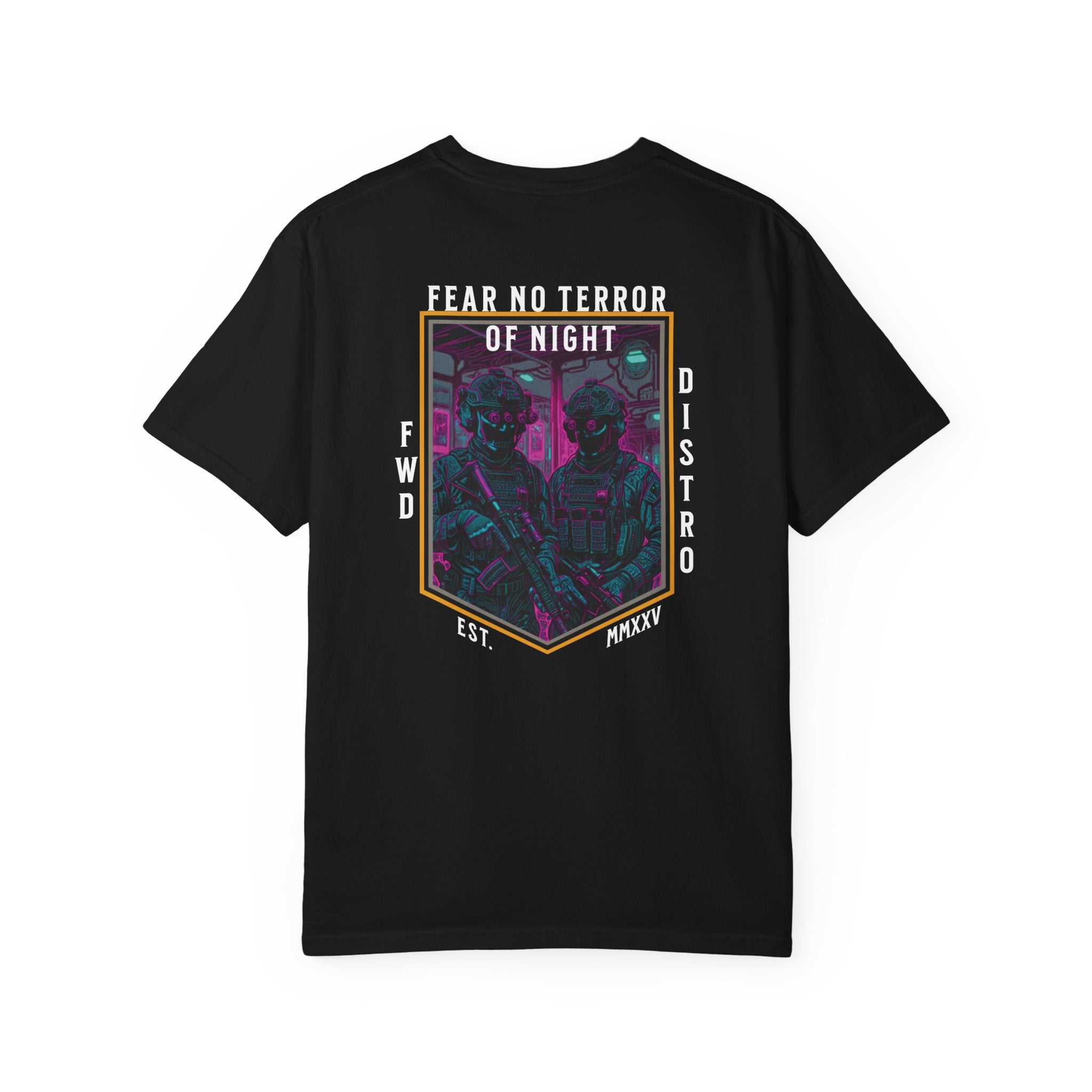 Black t-shirt with a neon-colored graphic featuring a framed image of two soldiers in tactical gear with rifles and night vision goggles, with text "FEAR NO TERROR OF NIGHT" at the top of the design, giving the art a futuristic, synthwave aesthetic.