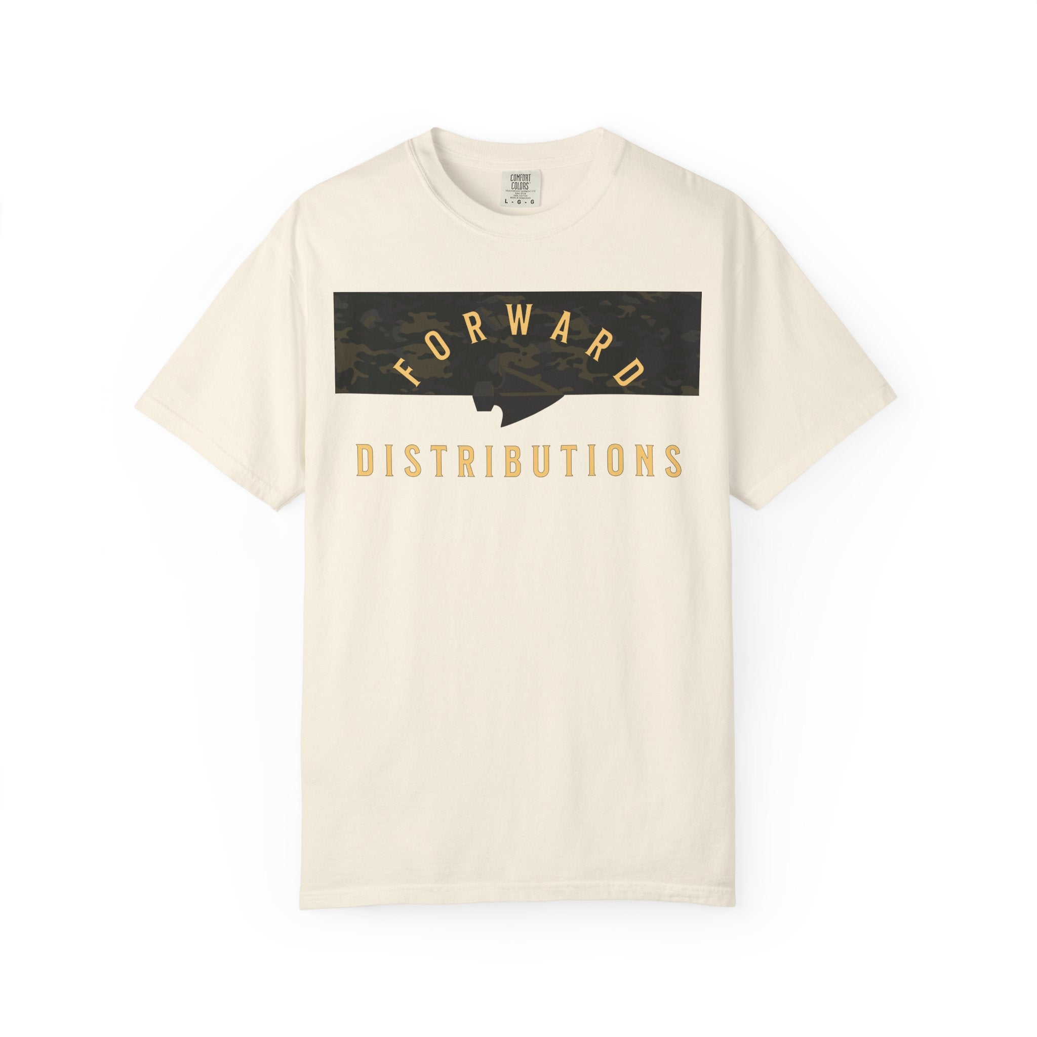 Ivory Split Camo Multicam t-shirt with Forward Distributions text, heavyweight cotton, relaxed fit, rib collar