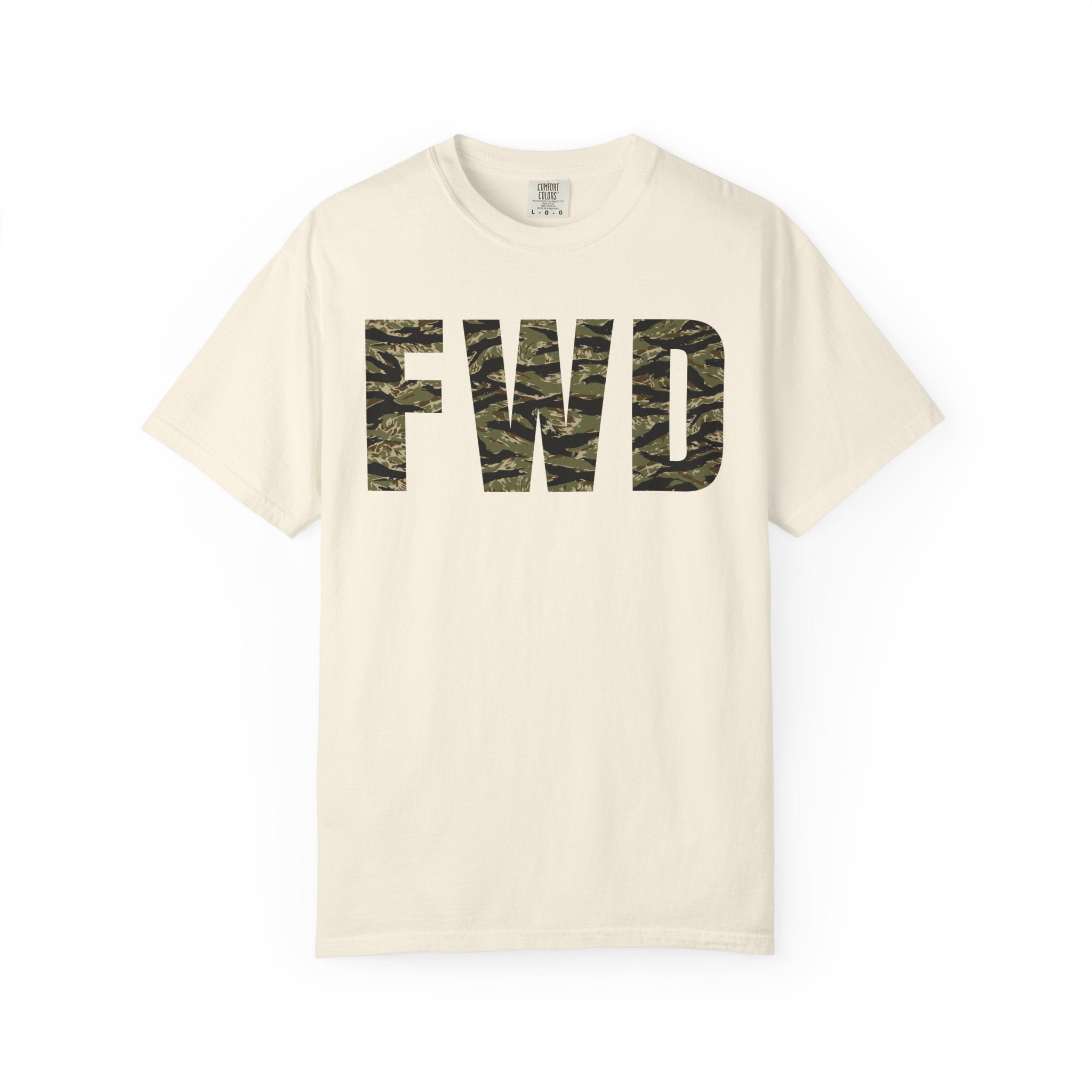 Ivory heavyweight cotton t-shirt with tiger stripe FWD logo printed on the front in classic relaxed fit design.