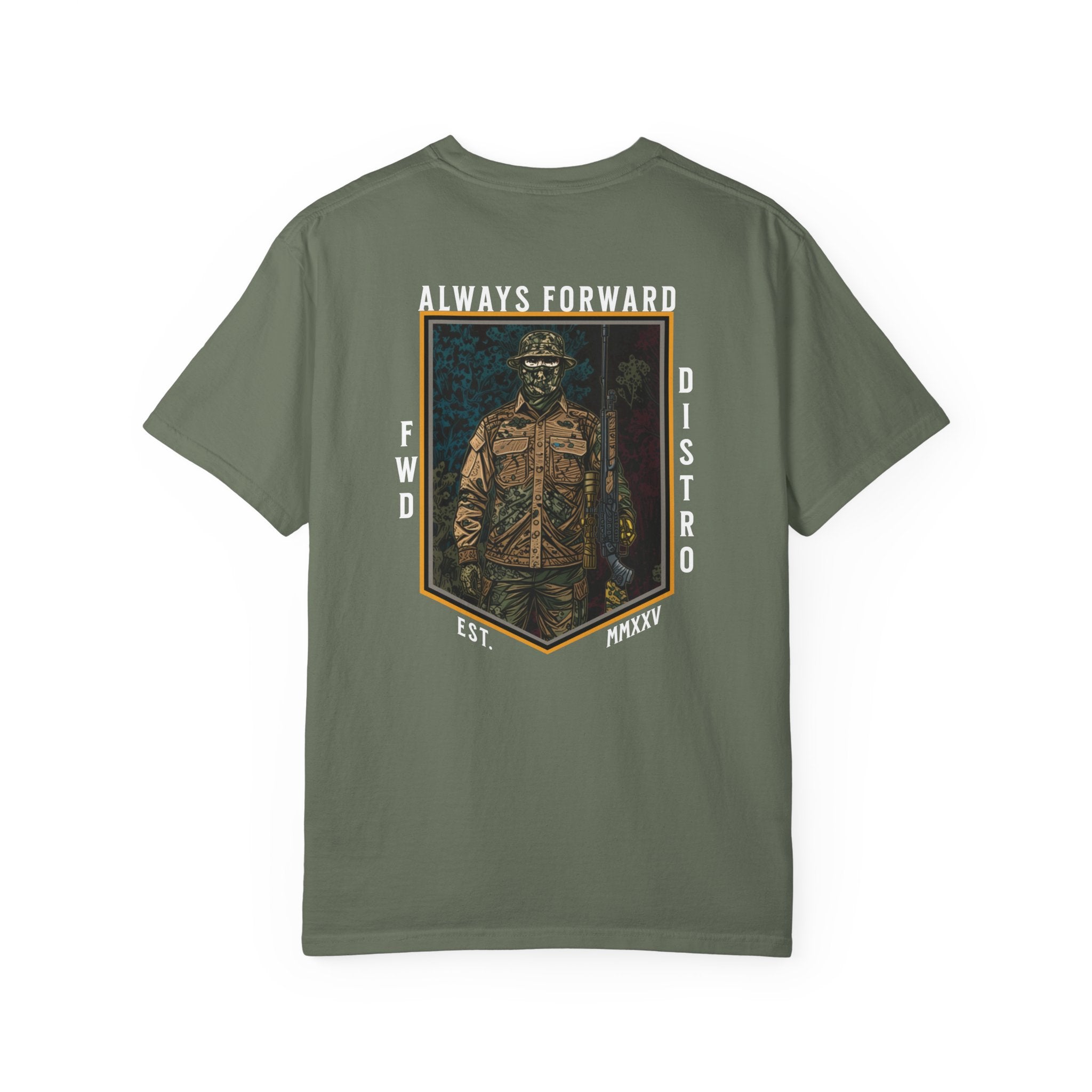Moss t-shirt with "Always Forward" graphic of a soldier in tactical gear on the back, relaxed fit, heavyweight cotton.