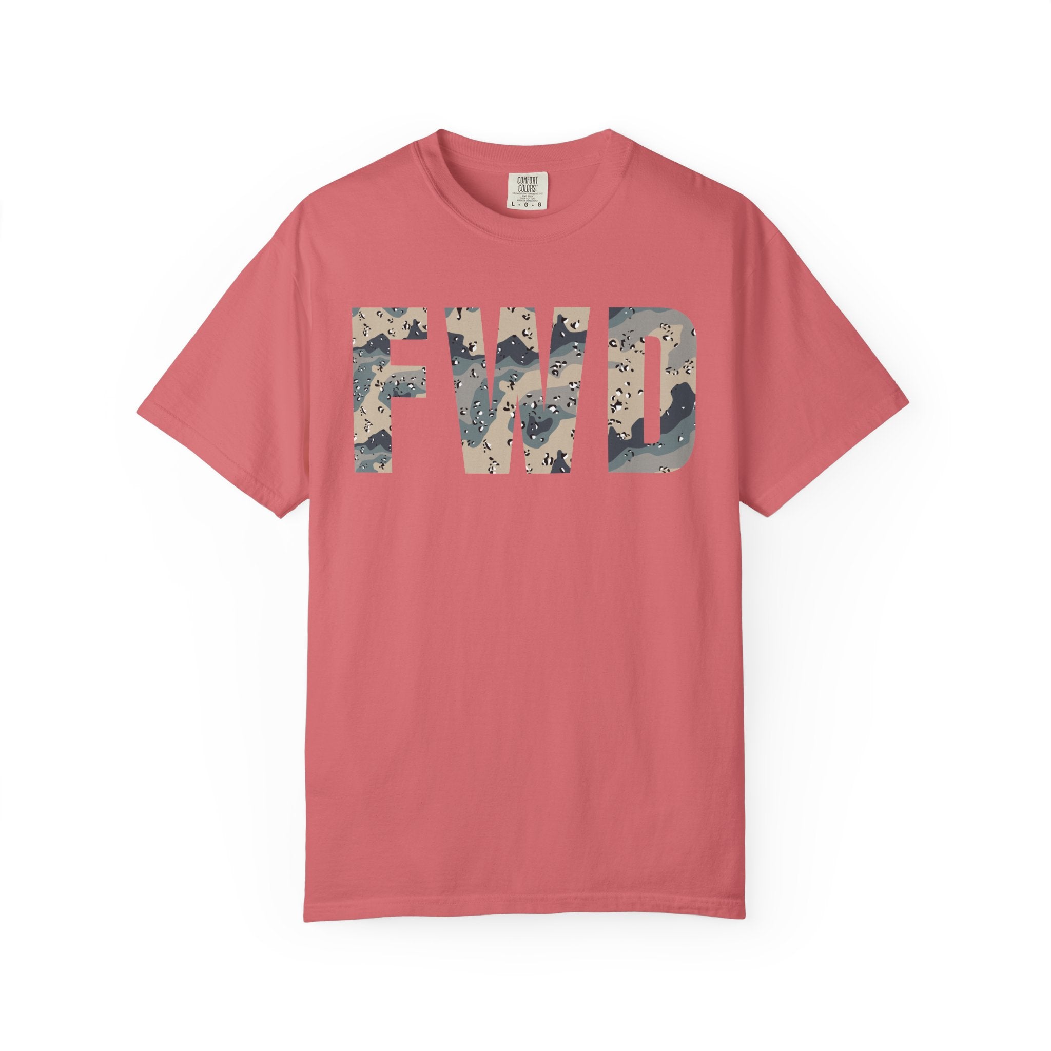 Watermelon heavyweight cotton t-shirt with FWD text in polar choc chip camo pattern, relaxed fit, rib collar, and durable stitching.