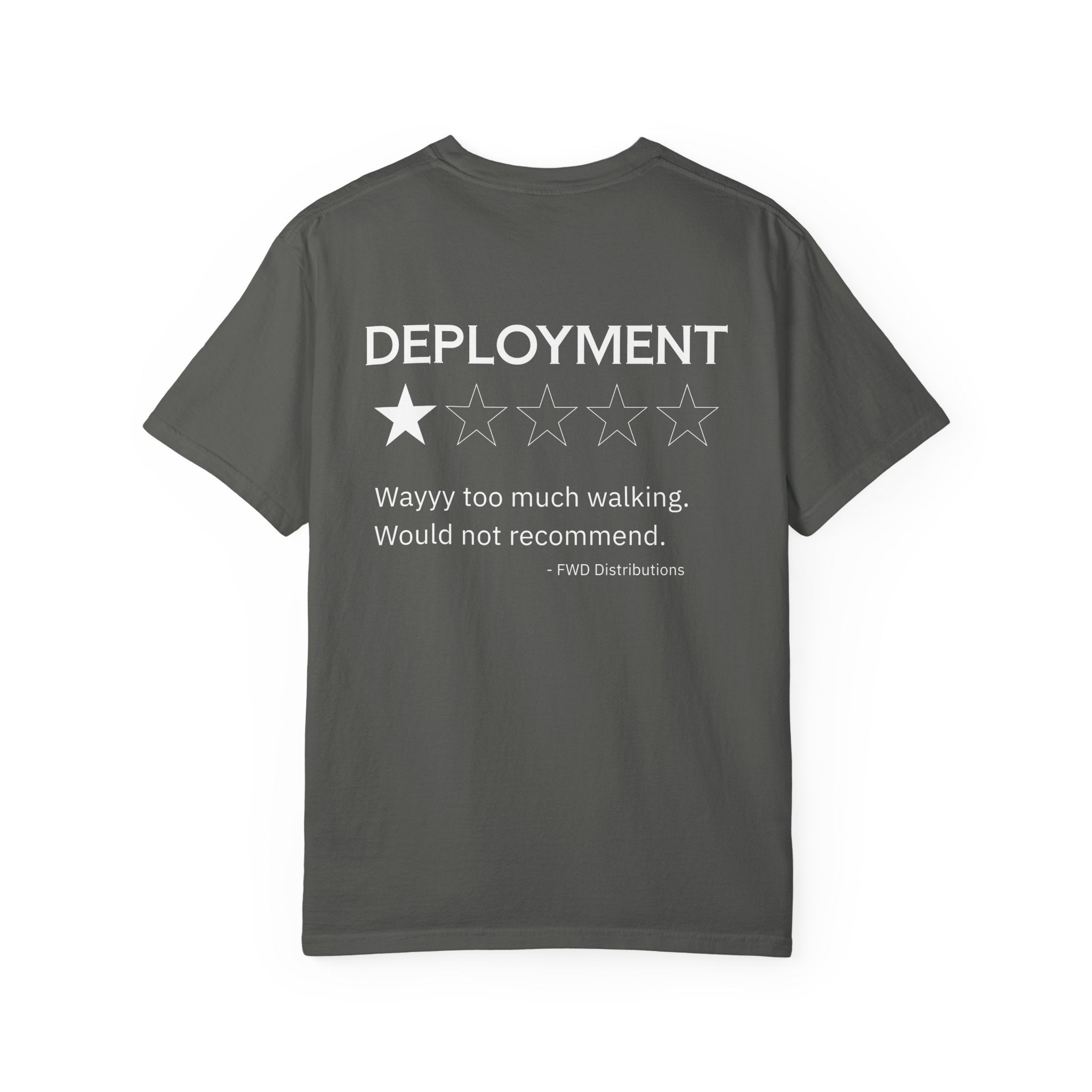 Pepper heavyweight cotton t-shirt with a humorous deployment review and one-star rating printed on the back.