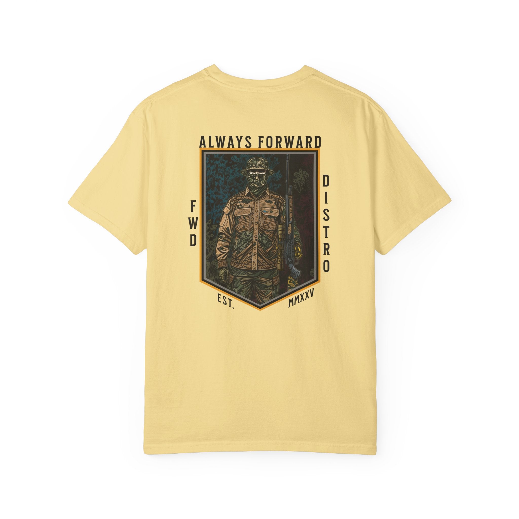 Butter t-shirt with "Always Forward" graphic of a soldier in tactical gear on the back, relaxed fit, heavyweight cotton.