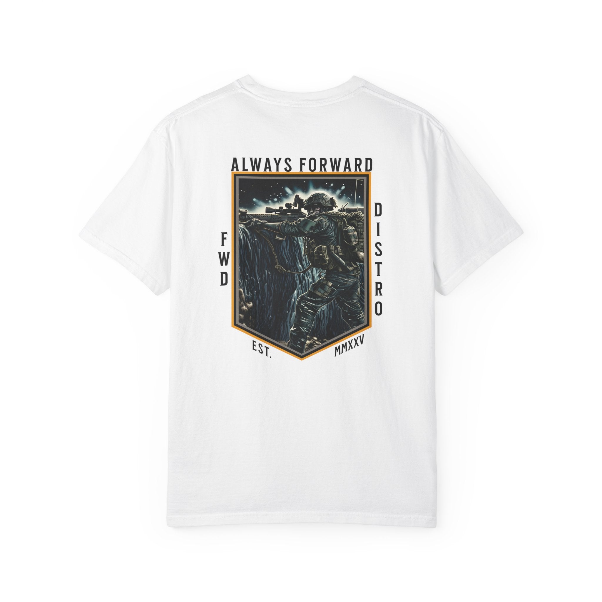 White heavyweight cotton t-shirt with detailed graphic of soldier shooting over bunker and text Always Forward.