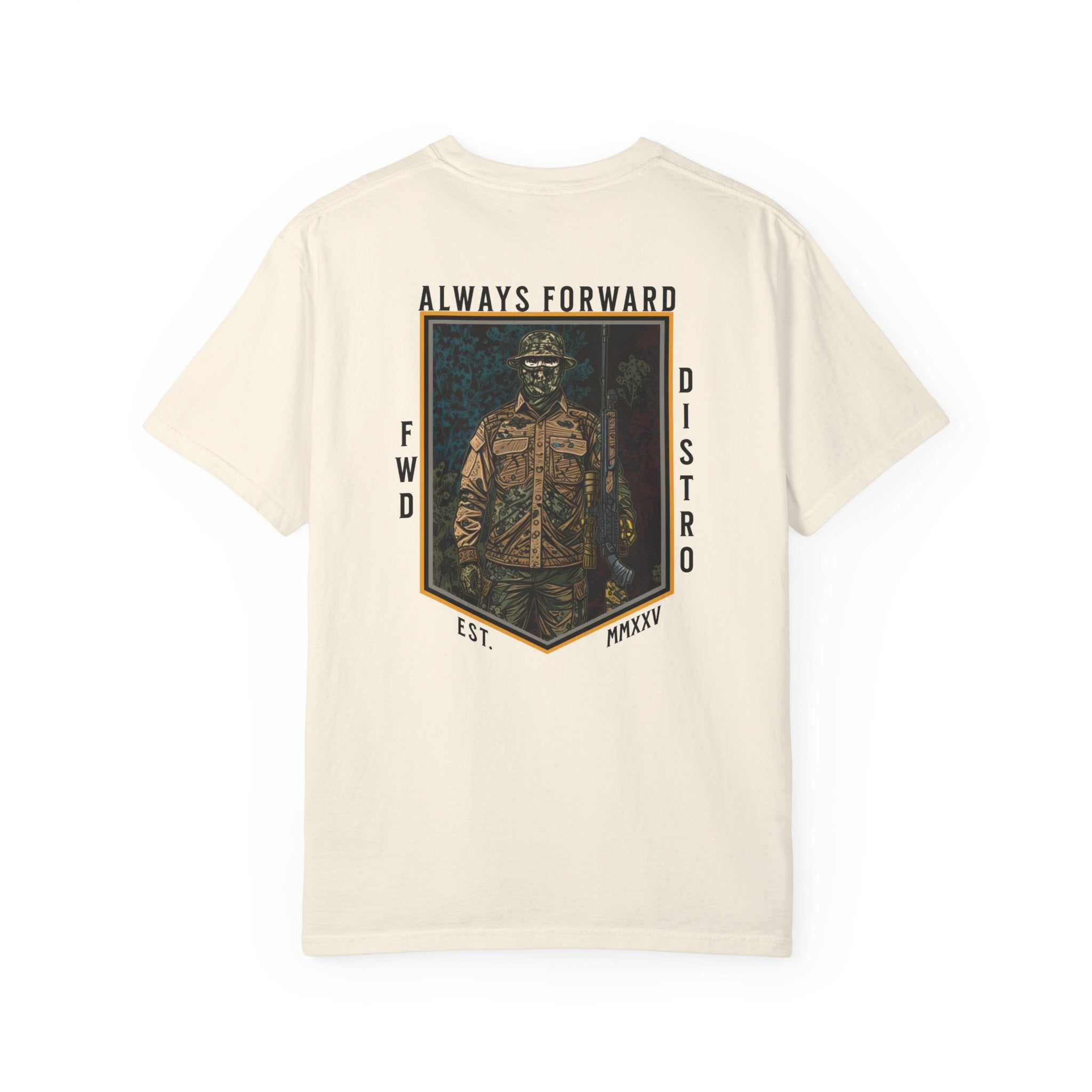 Ivory t-shirt with "Always Forward" graphic of a soldier in tactical gear on the back, relaxed fit, heavyweight cotton.