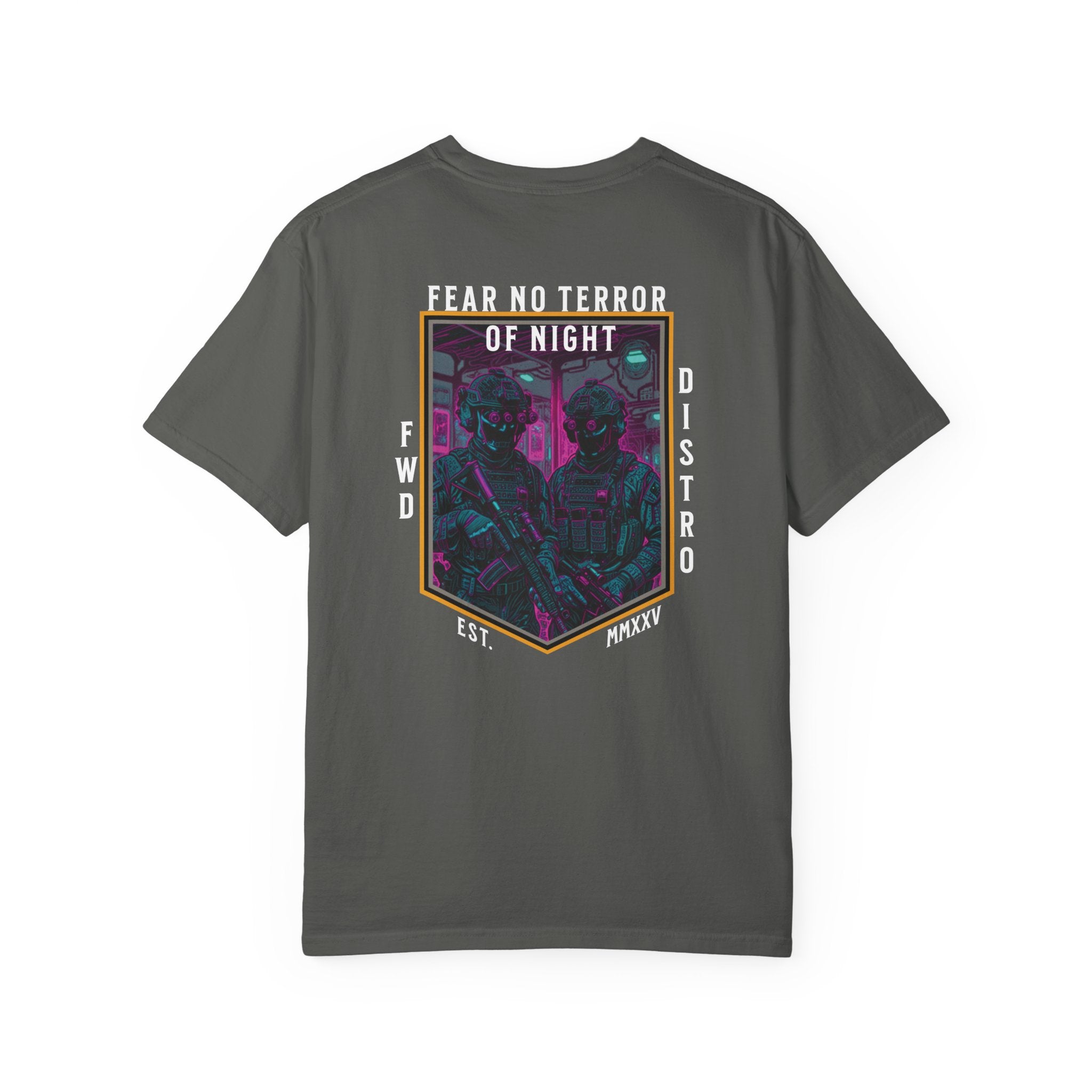 Pepper t-shirt with a neon-colored graphic featuring a framed image of two soldiers in tactical gear with rifles and night vision goggles, with text "FEAR NO TERROR OF NIGHT" at the top of the design, giving the art a futuristic, synthwave aesthetic.