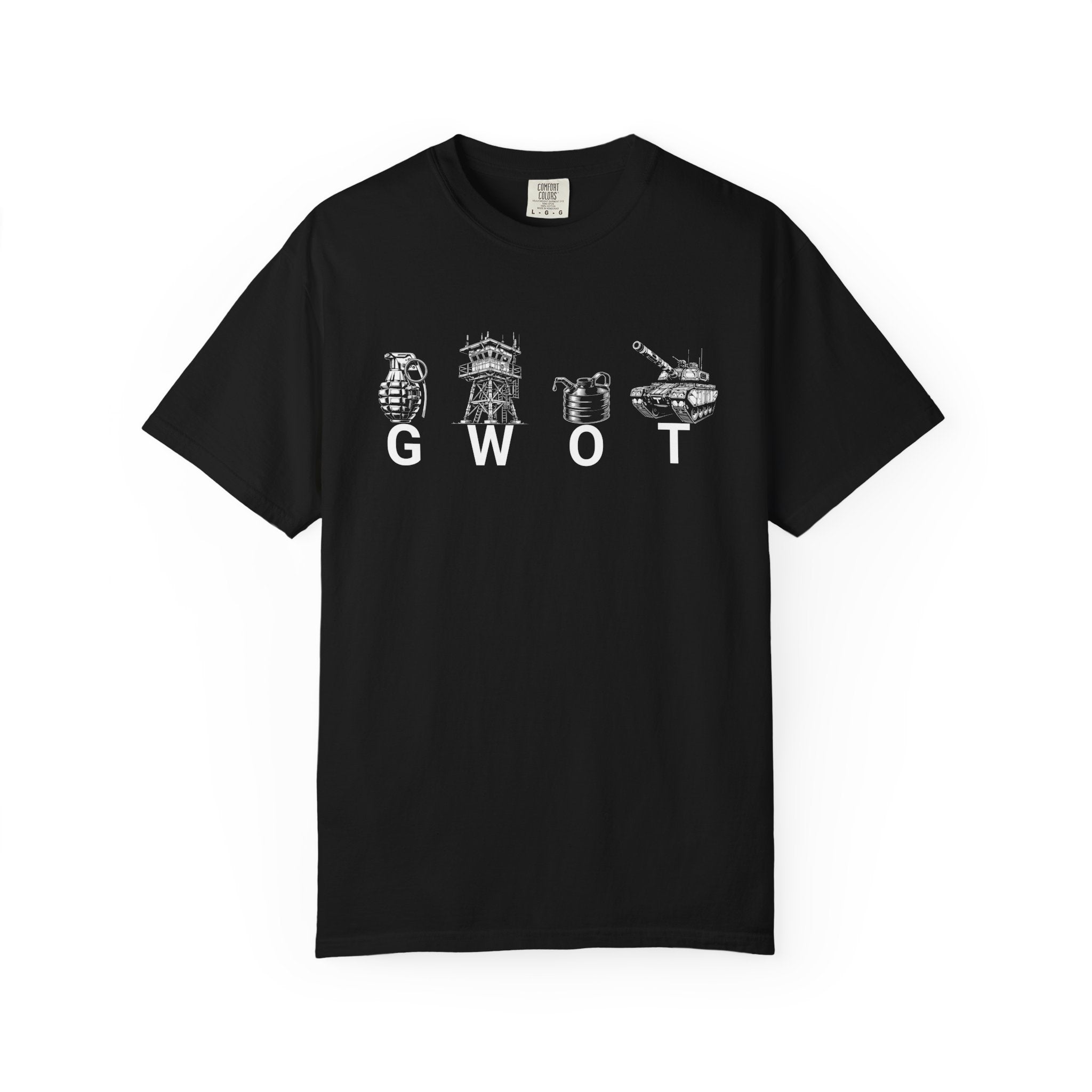 Black GWOT t-shirt with white military-themed graphics and heavyweight 100% ring spun cotton fabric