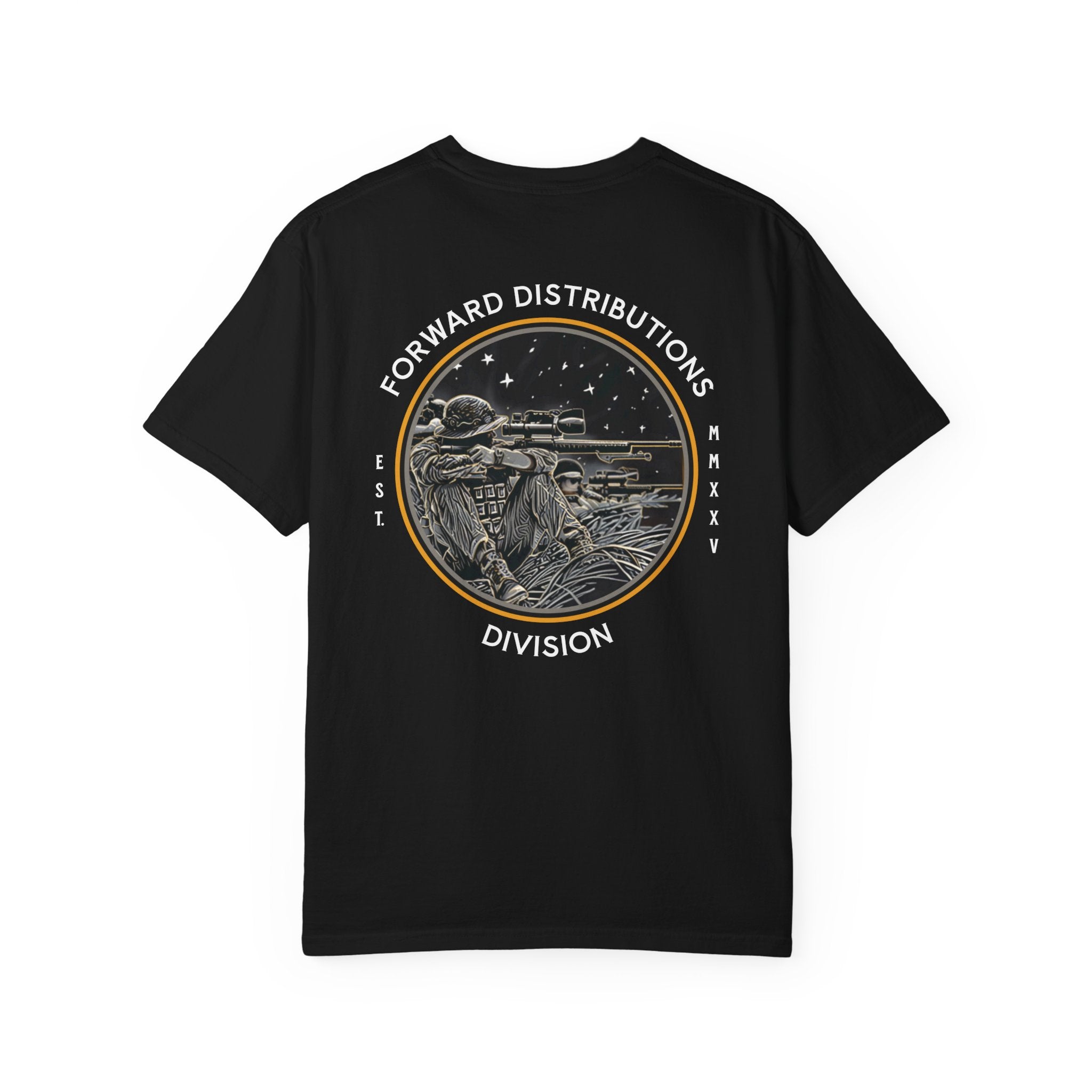 Black FDD Circle III t-shirt with soldier sniper graphic and Forward Distributions Division text on back