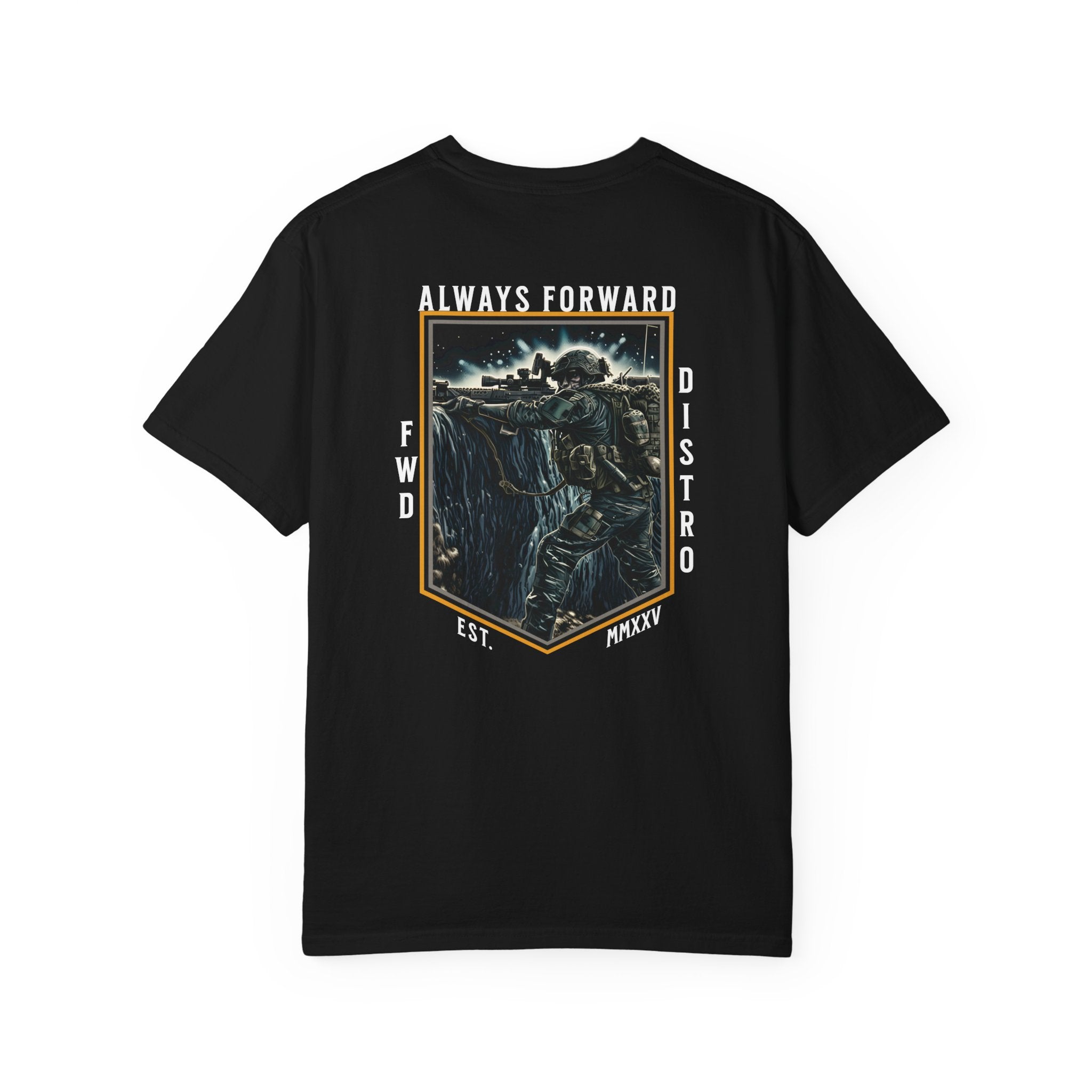 Black heavyweight cotton t-shirt with detailed graphic of soldier shooting over bunker and text Always Forward.