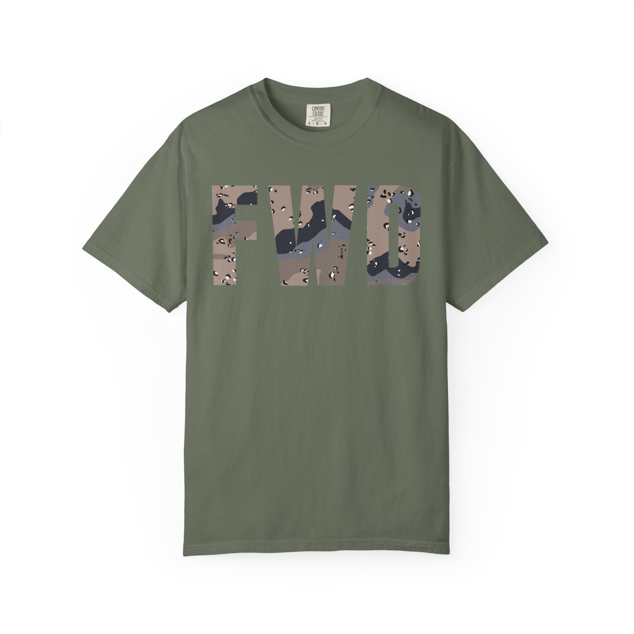 Moss heavyweight cotton t-shirt with FWD text in blueberry chip camouflage print, relaxed fit and rib collar.