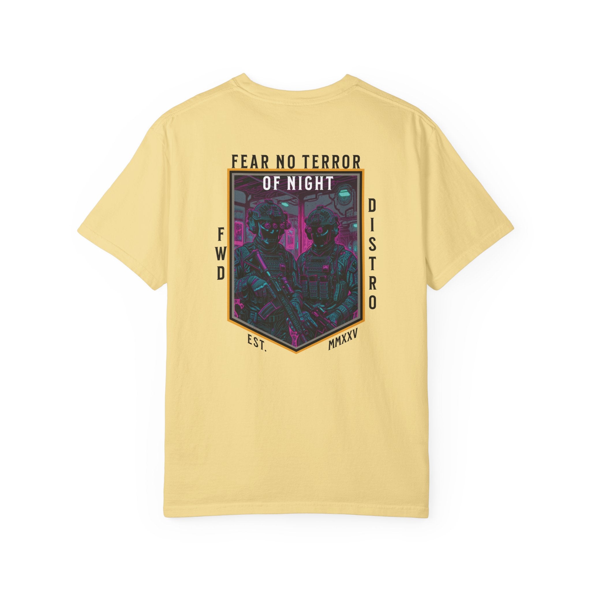 Butter t-shirt with a neon-colored graphic featuring a framed image of two soldiers in tactical gear with rifles and night vision goggles, with text "FEAR NO TERROR OF NIGHT" at the top of the design, giving the art a futuristic, synthwave aesthetic.
