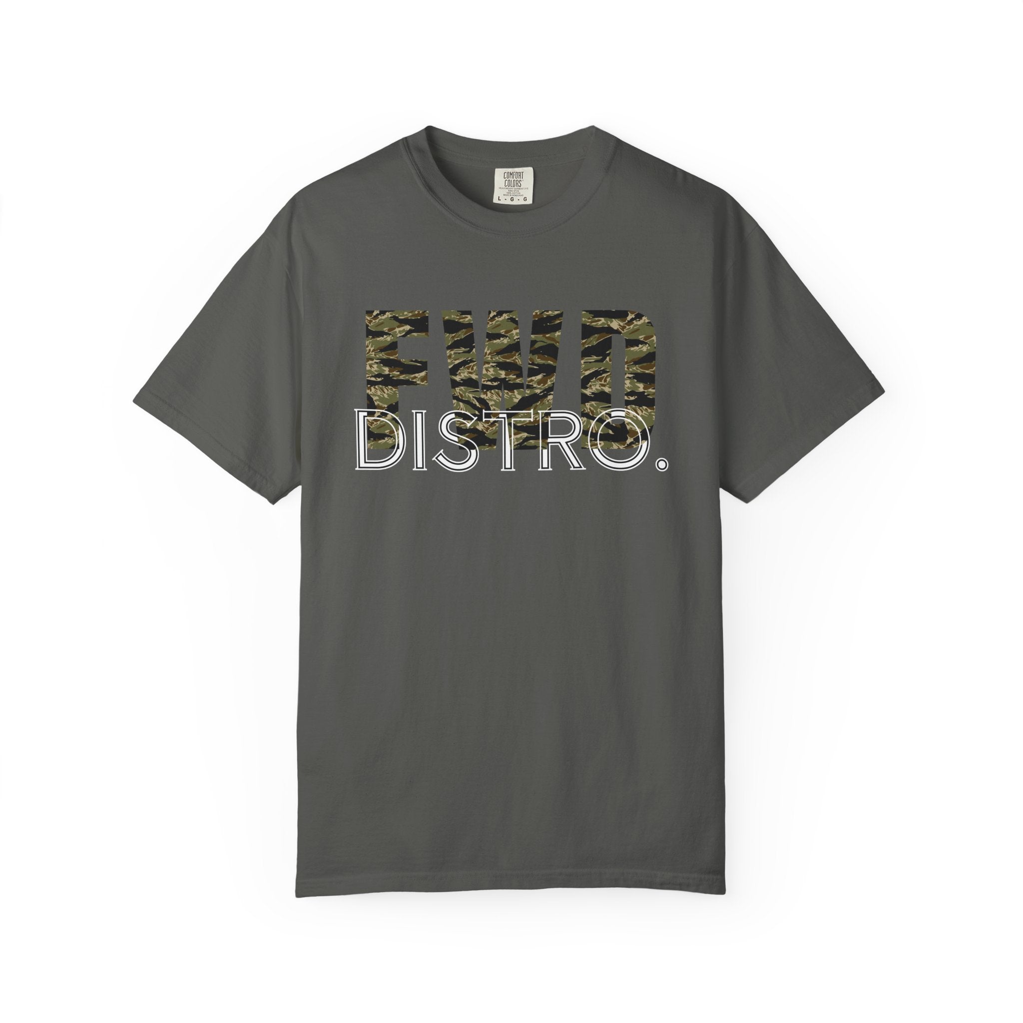 Pepper heavyweight cotton t-shirt with "FWD DISTRO" tiger stripe graphic and relaxed fit, durable double-needle stitching.