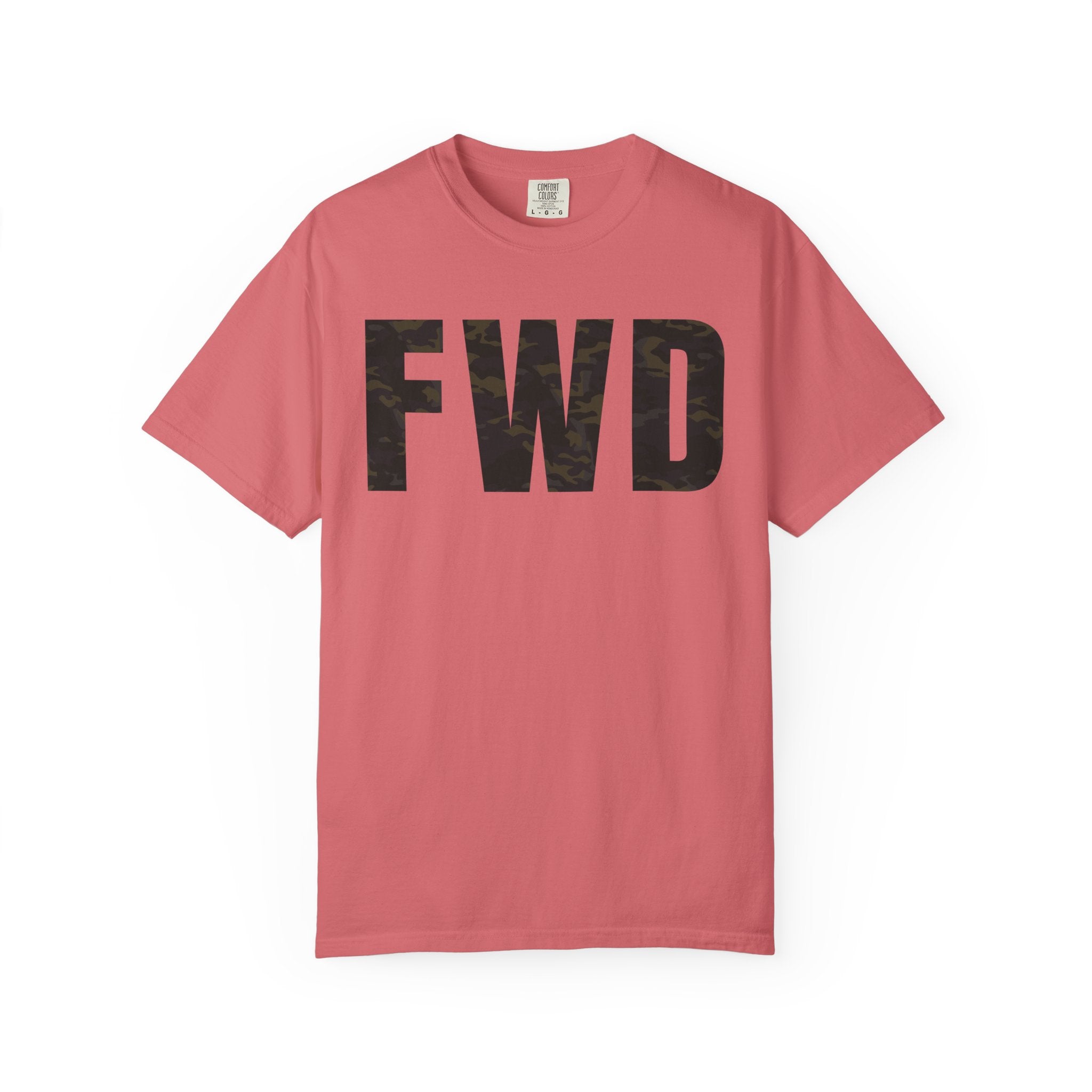 Watermelon heavyweight cotton t-shirt with multicam camo "FWD" text, relaxed fit and rib collar, garment-dyed finish.