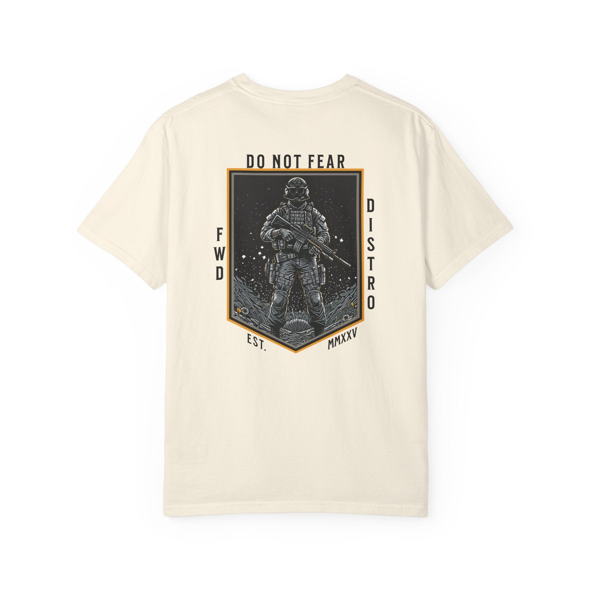 Ivory heavyweight cotton T-shirt with Soldier holding rifle graphic and Do Not Fear text design on back.