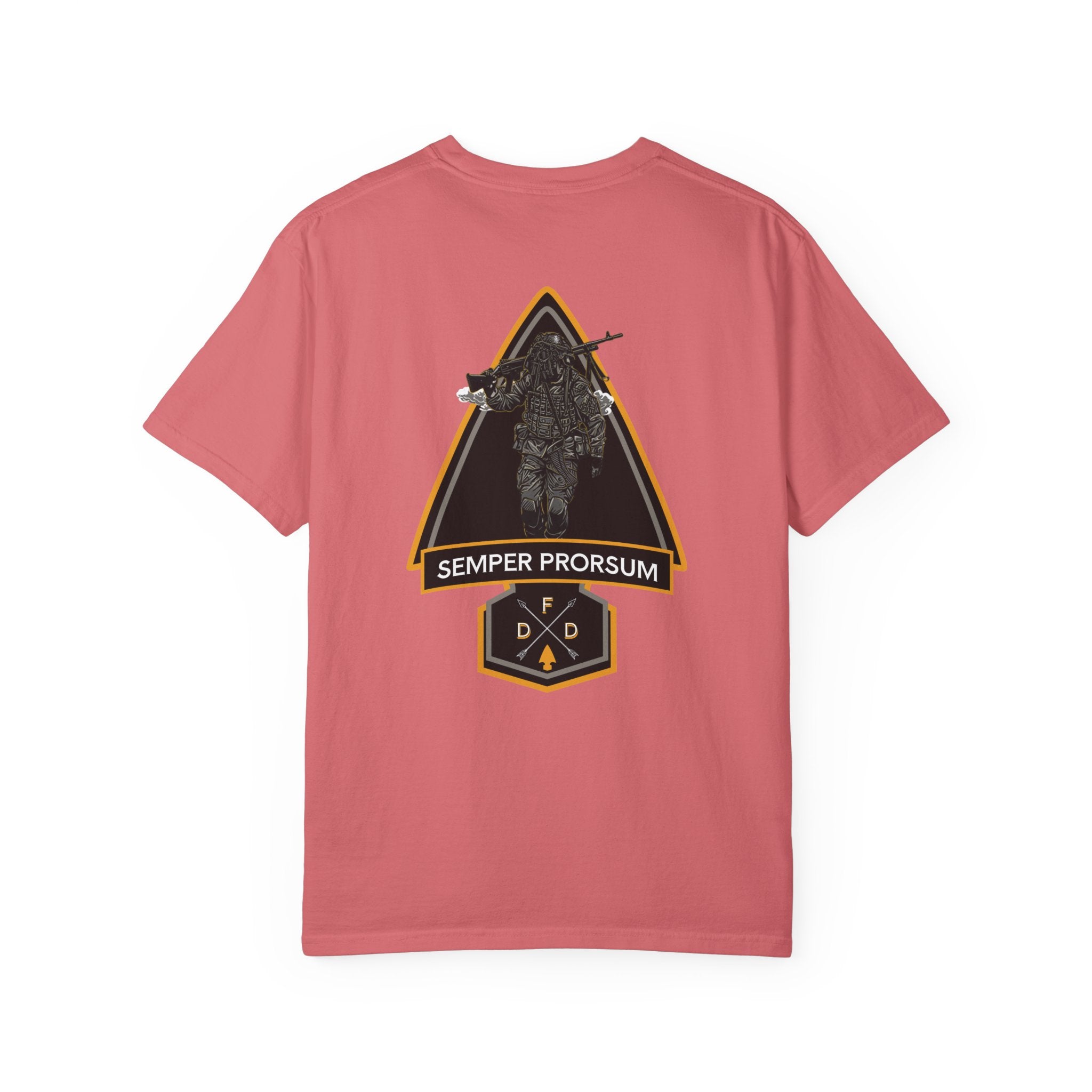Watermelon FDD Arrow II t-shirt with soldier graphic and "Semper Prorsum" text on the back, heavyweight cotton blend.