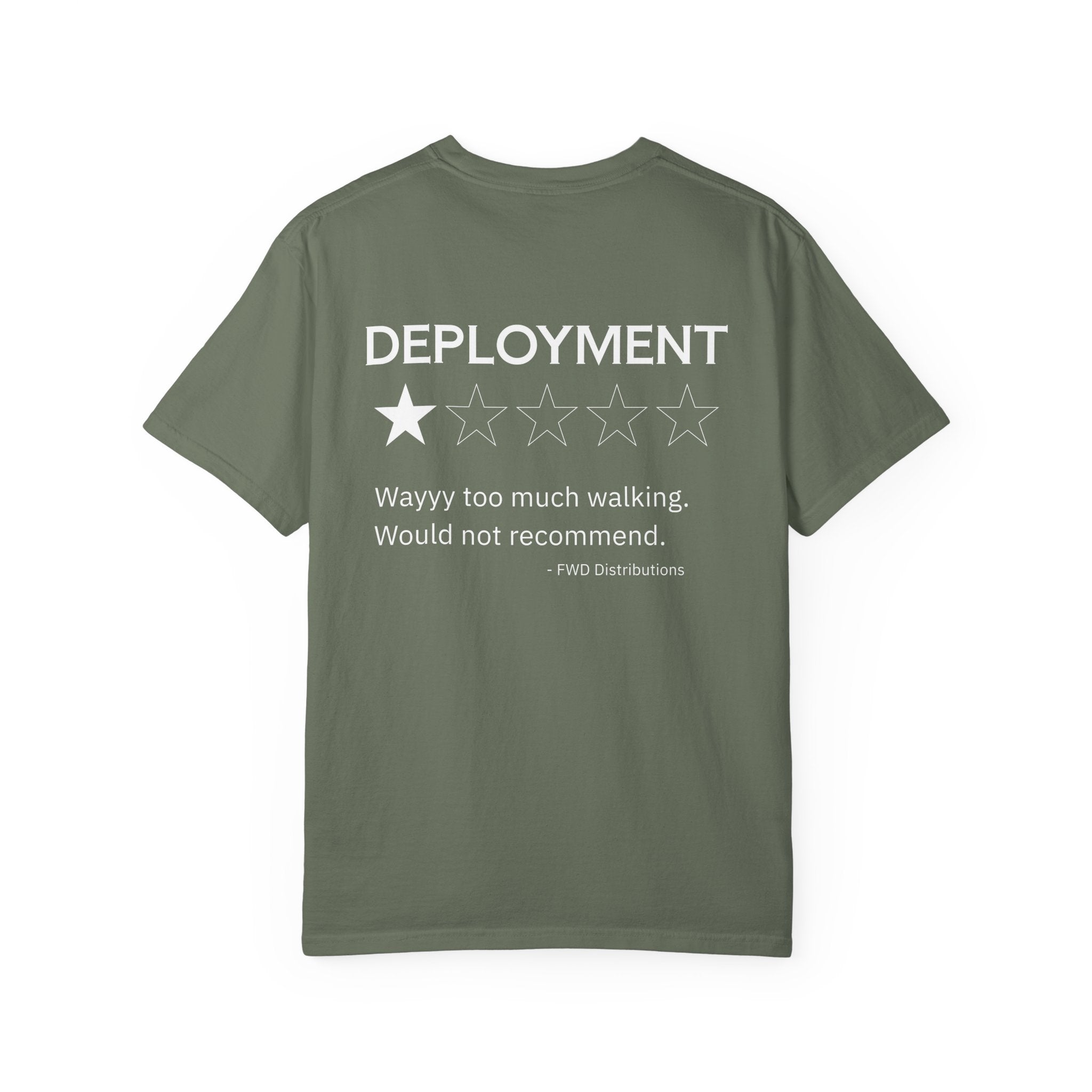 Moss heavyweight cotton t-shirt with a humorous deployment review and one-star rating printed on the back.