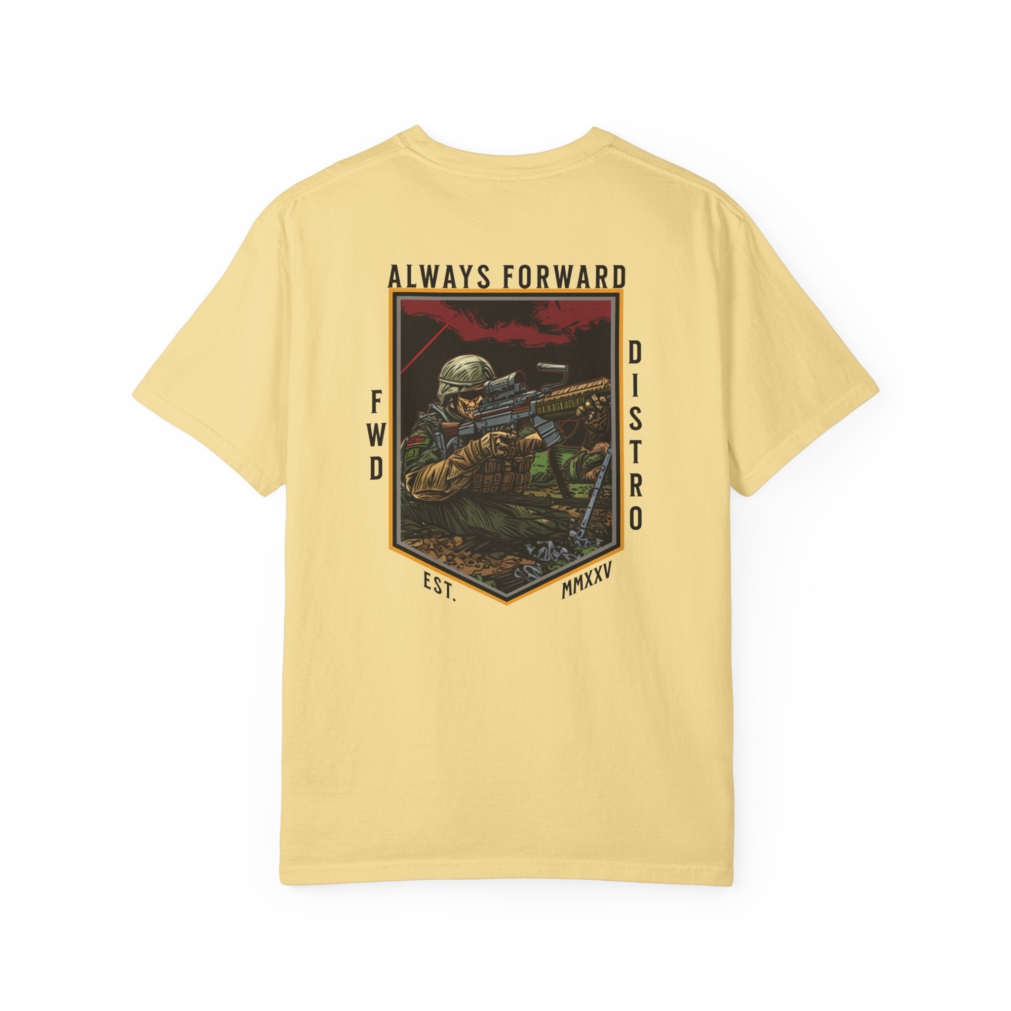 Butter heavyweight cotton t-shirt with "Always Forward" military sniper graphic and text design on back.