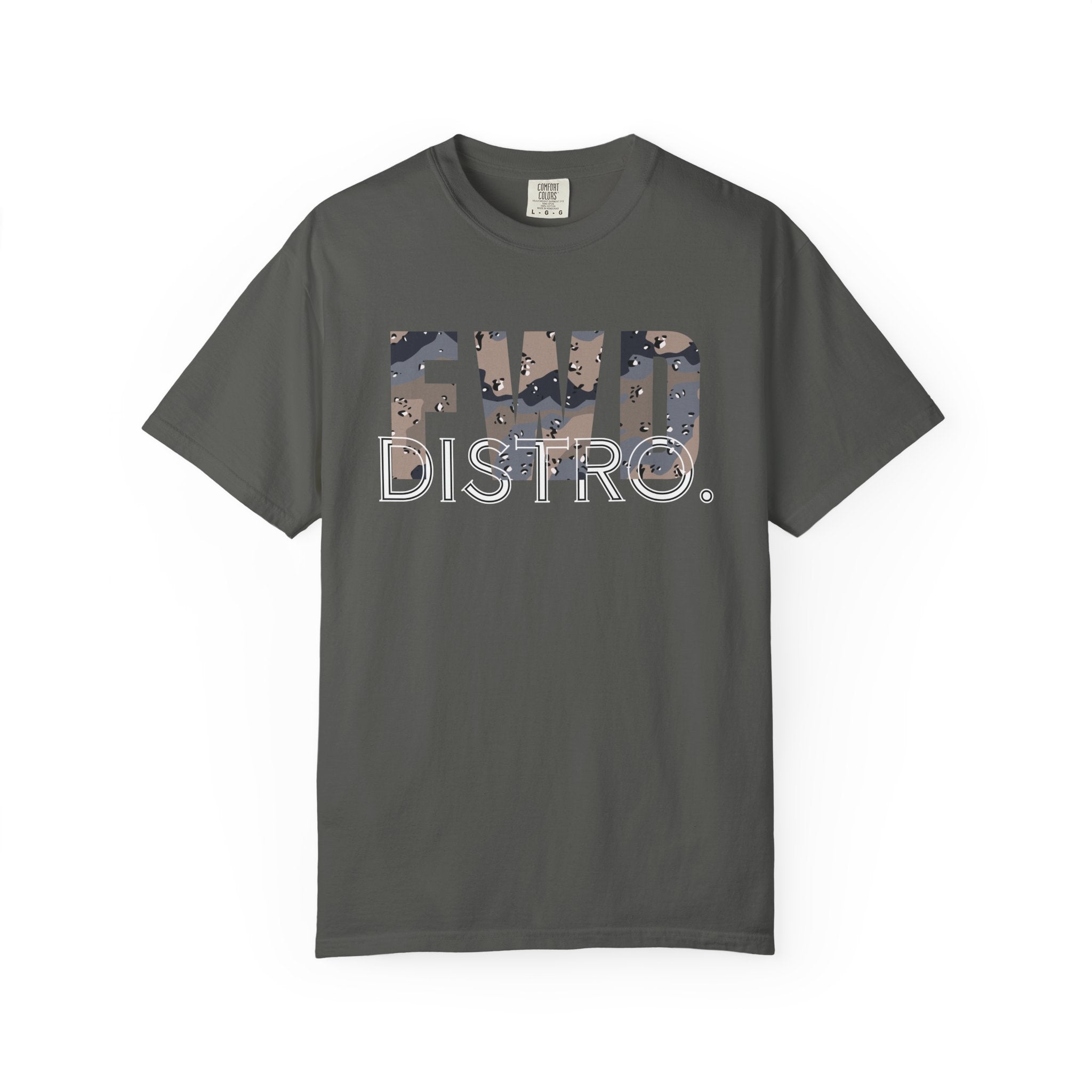 Pepper heavyweight cotton T-shirt with FWD DISTRO. logo in Blueberry Chip camo print on front.
