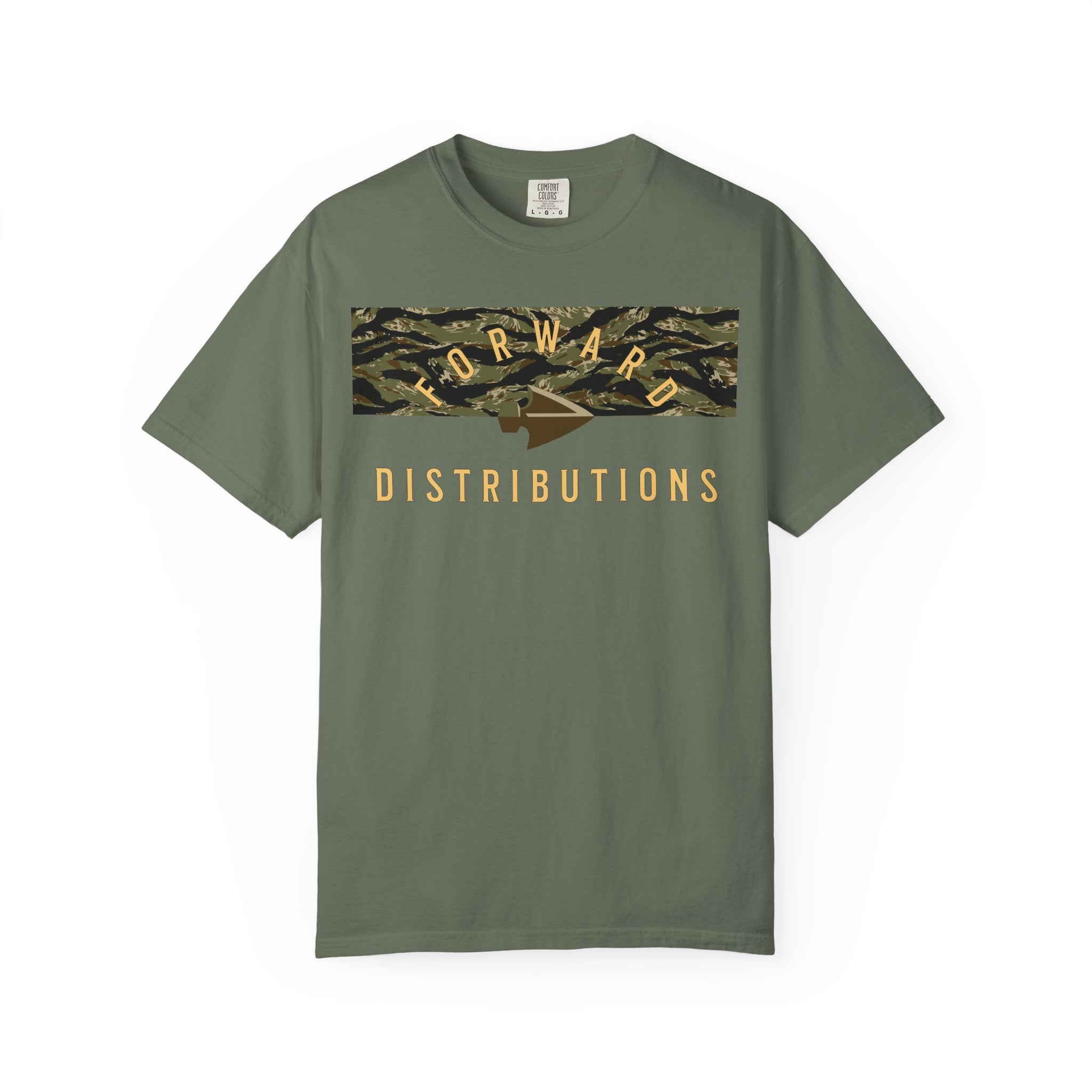 Moss Forward Distributions Logo T-Shirt with Tiger Stripe Split Camo Block