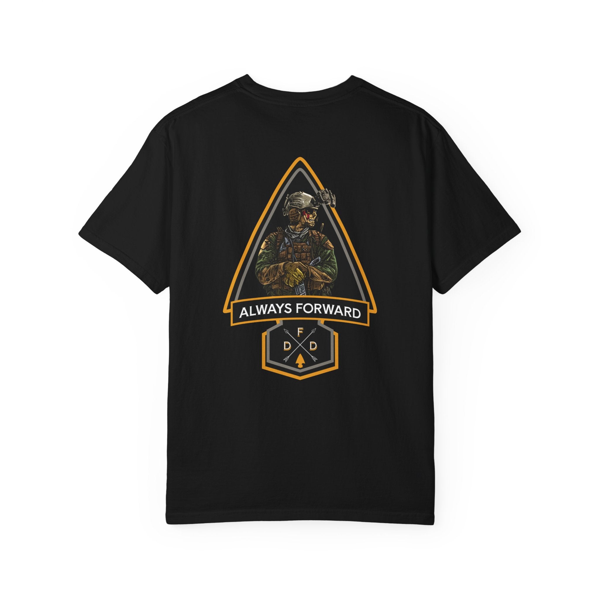 Black FDD Arrow t-shirt with soldier graphic and "Always Forward" text on back, heavyweight cotton, relaxed fit.