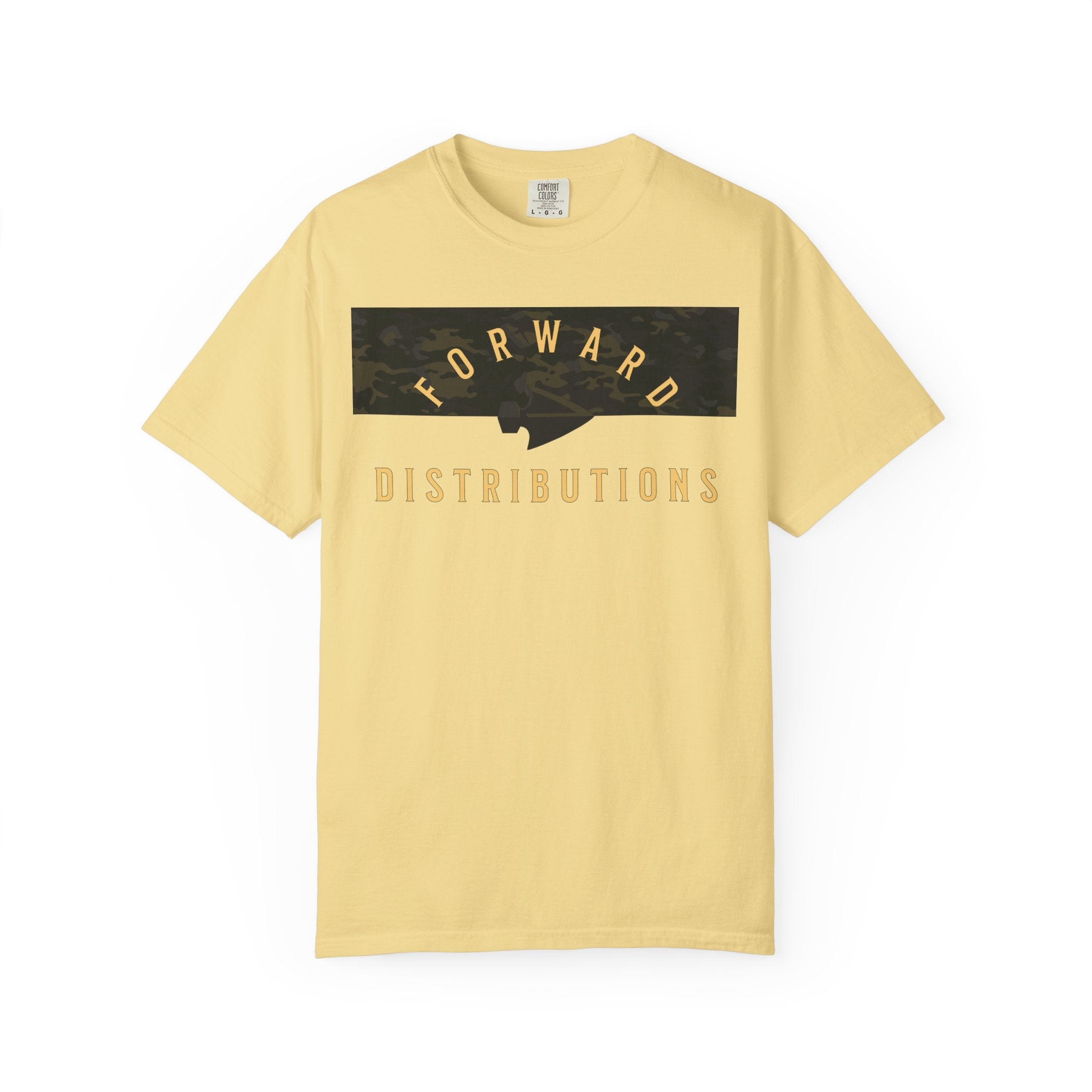 Butter Split Camo Multicam t-shirt with Forward Distributions text, heavyweight cotton, relaxed fit, rib collar