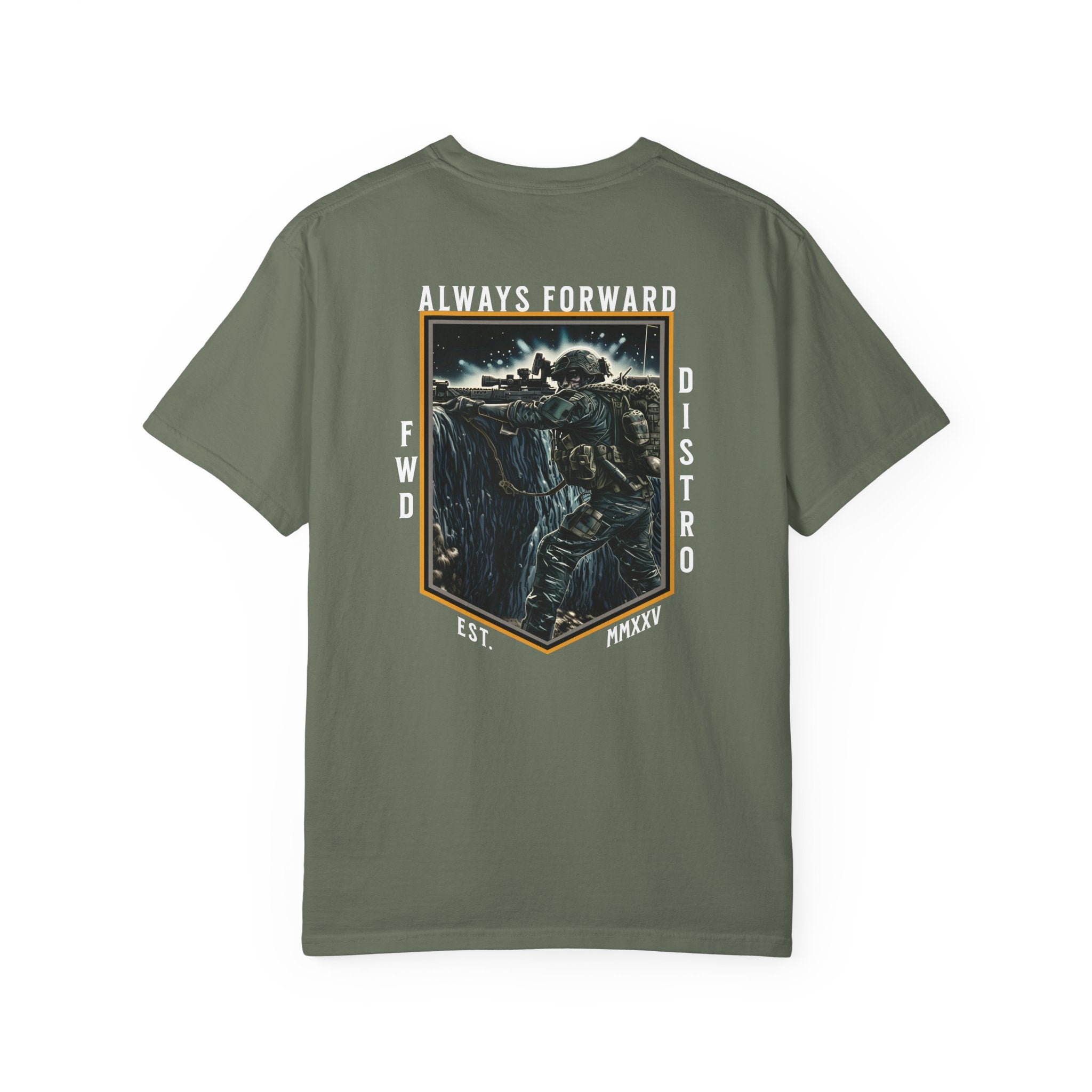Moss heavyweight cotton t-shirt with detailed graphic of soldier shooting over bunker and text Always Forward.