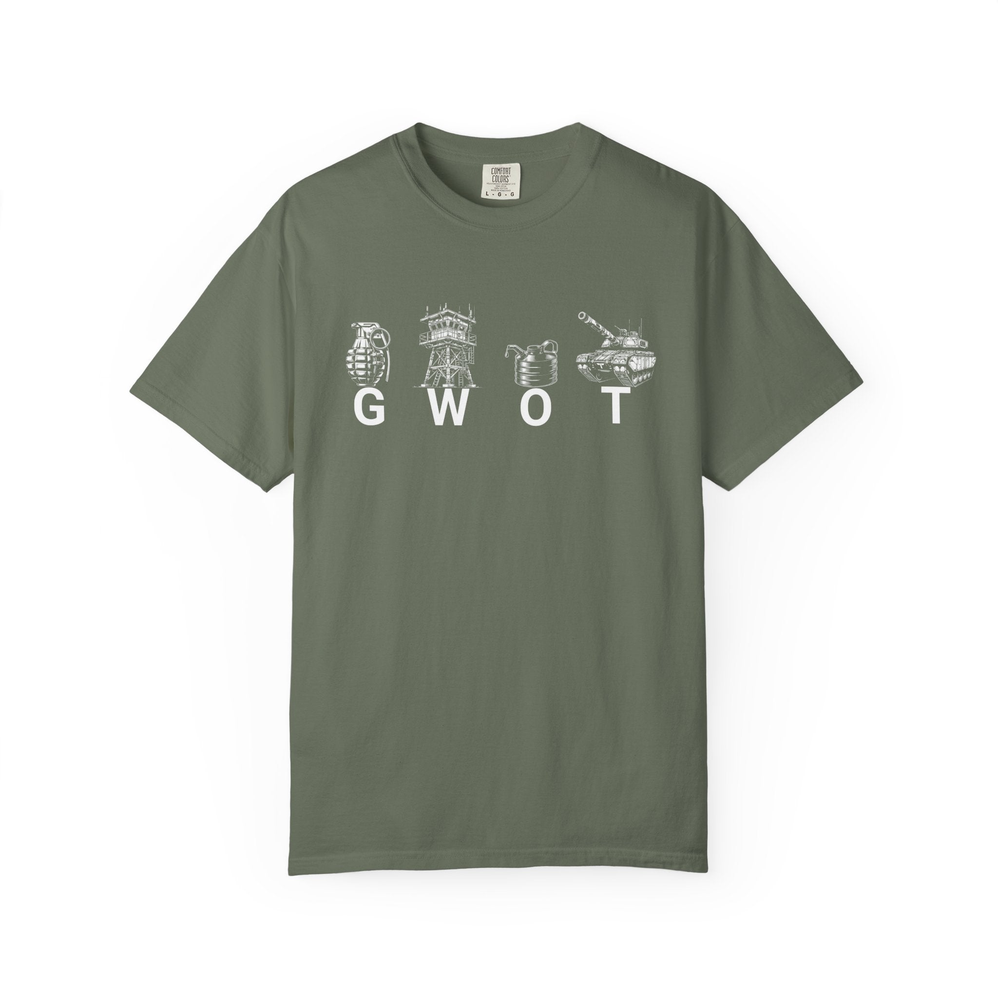 Moss GWOT t-shirt with white military-themed graphics and heavyweight 100% ring spun cotton fabric