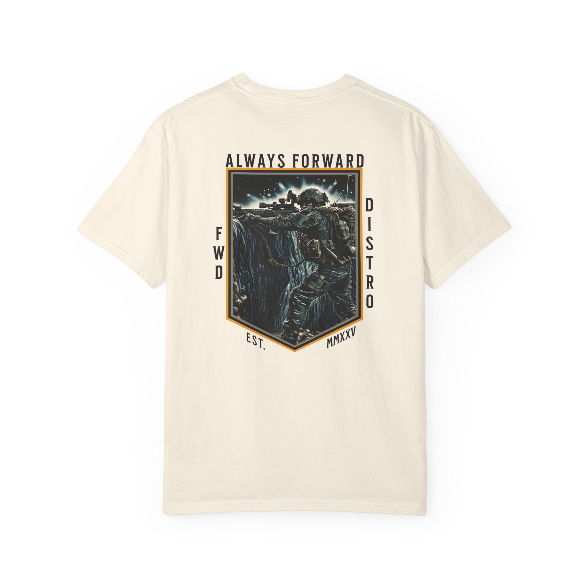 Ivory heavyweight cotton t-shirt with detailed graphic of soldier shooting over bunker and text Always Forward.