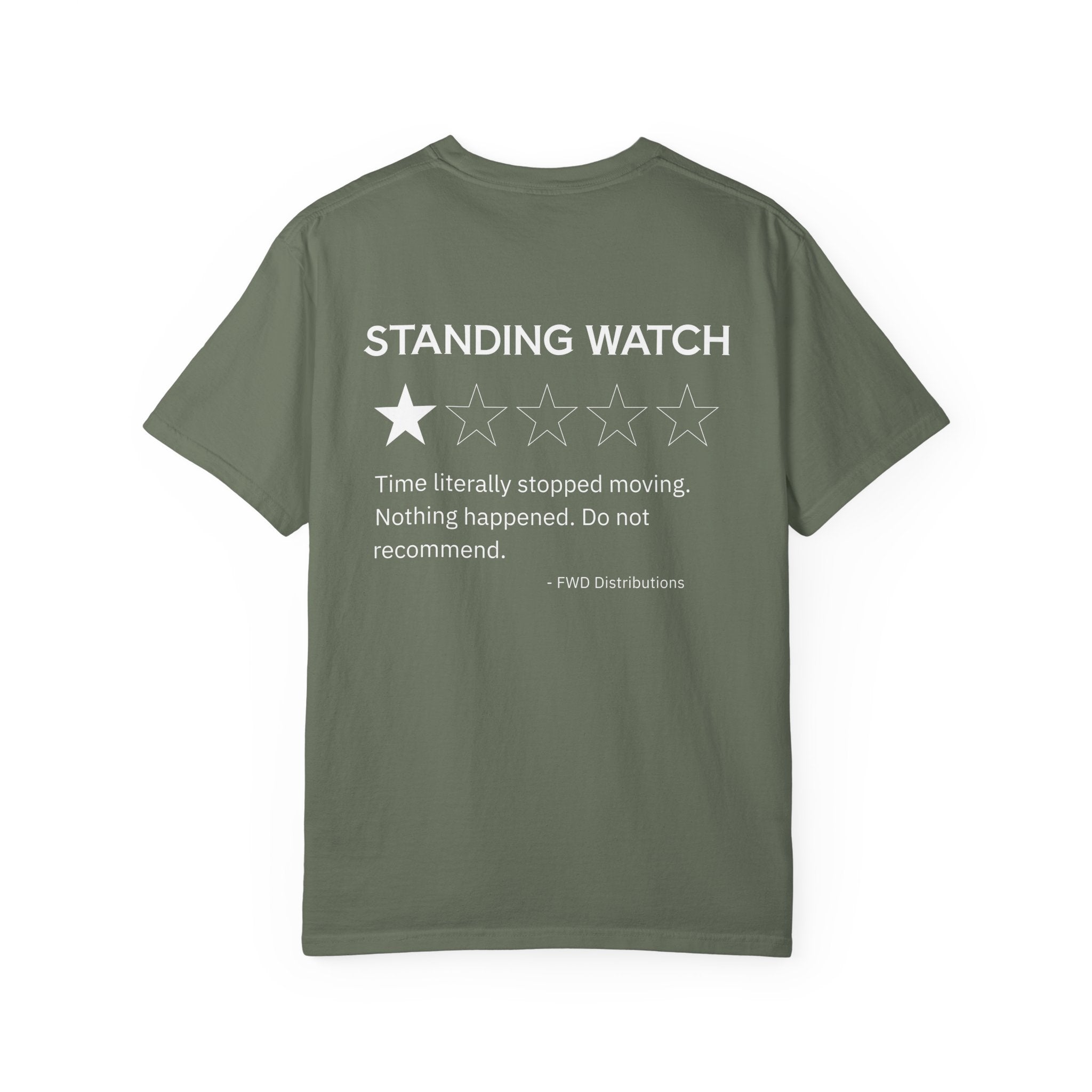Moss cotton t-shirt with a humorous Standing Watch review showing one star.