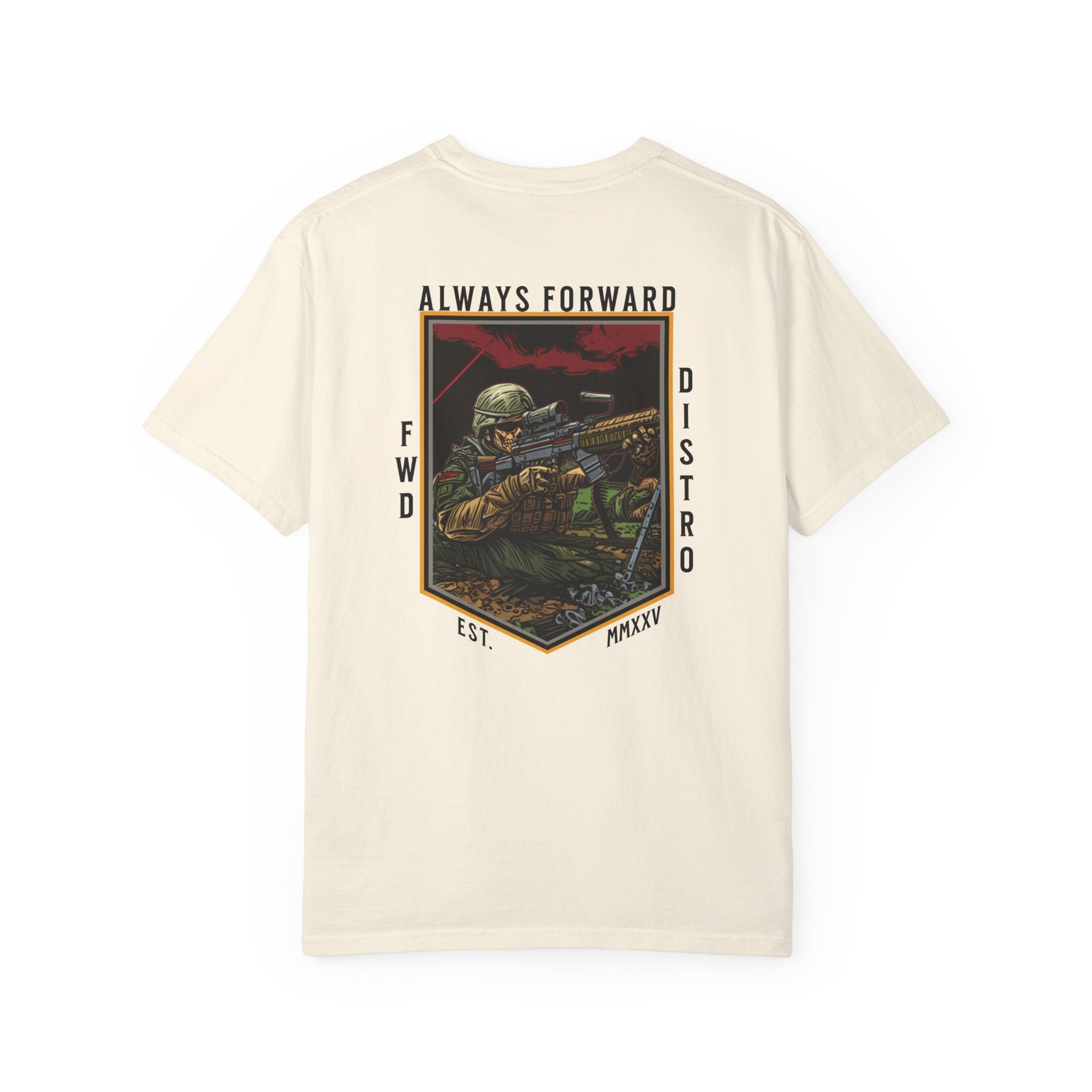 Ivory heavyweight cotton t-shirt with "Always Forward" military sniper graphic and text design on back.