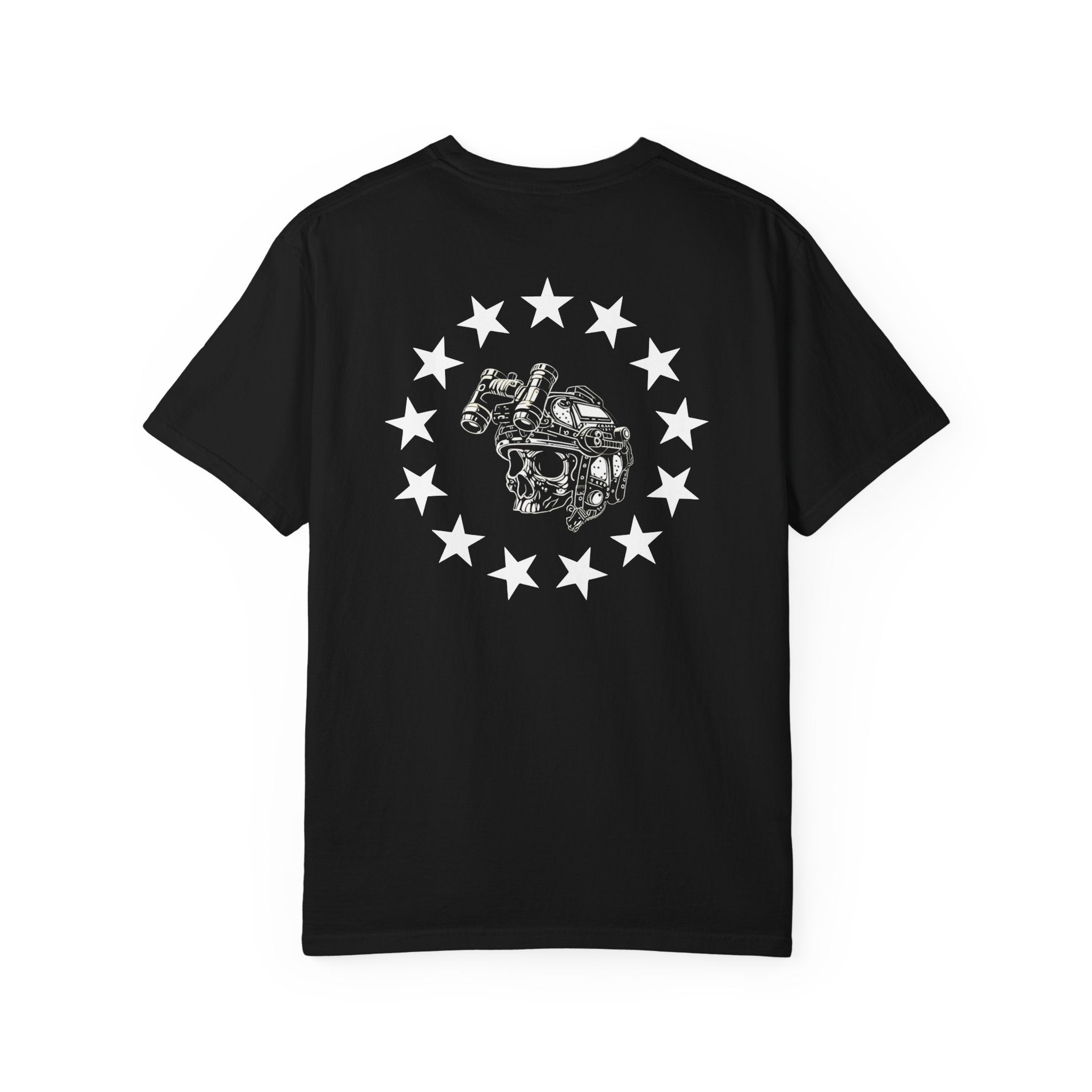 Black heavyweight cotton t-shirt with a white rebellion skull and star circle graphic on the back.