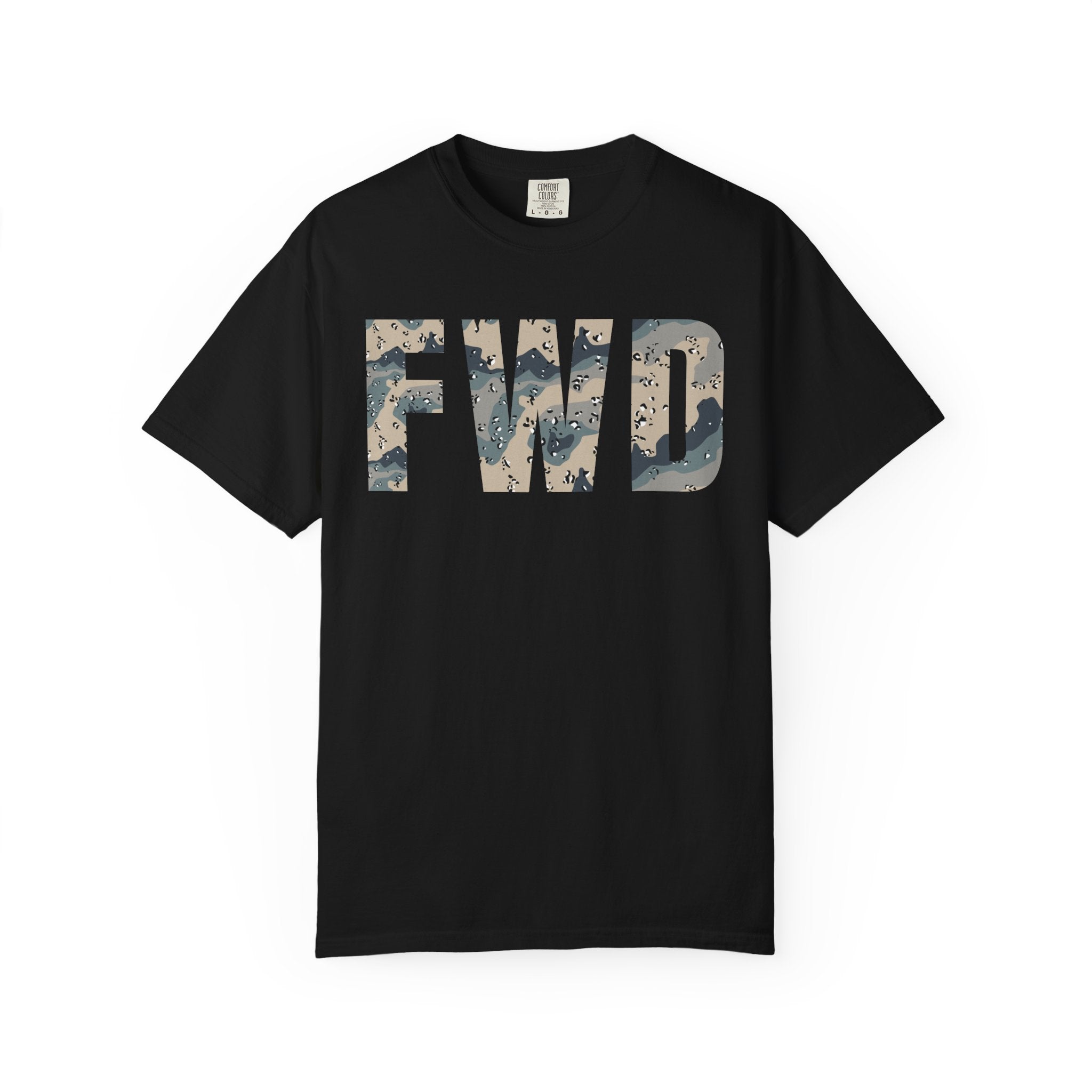 Black heavyweight cotton t-shirt with FWD text in polar choc chip camo pattern, relaxed fit, rib collar, and durable stitching.