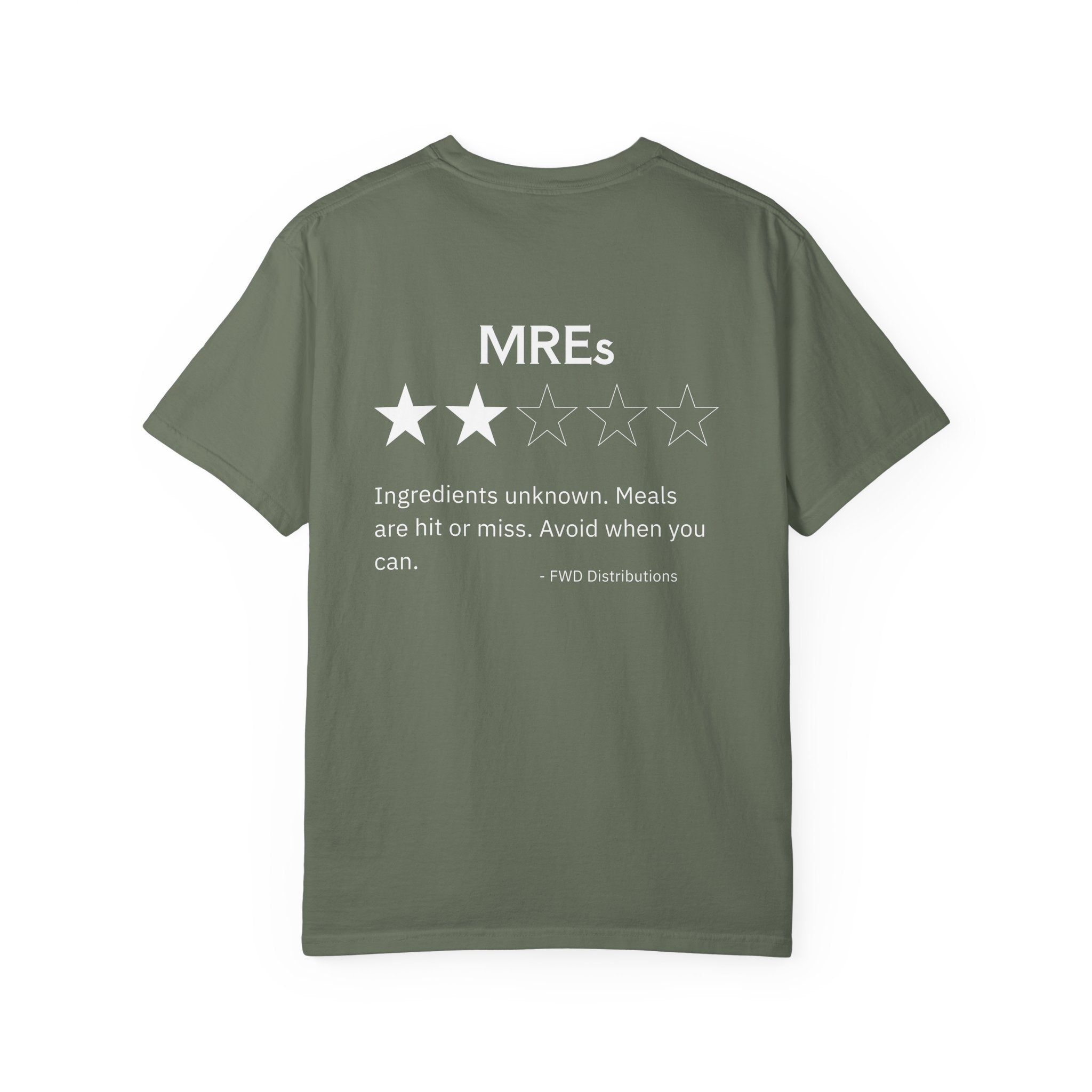 Moss t-shirt with a humorous MREs review showing two stars and a warning about unknown ingredients.