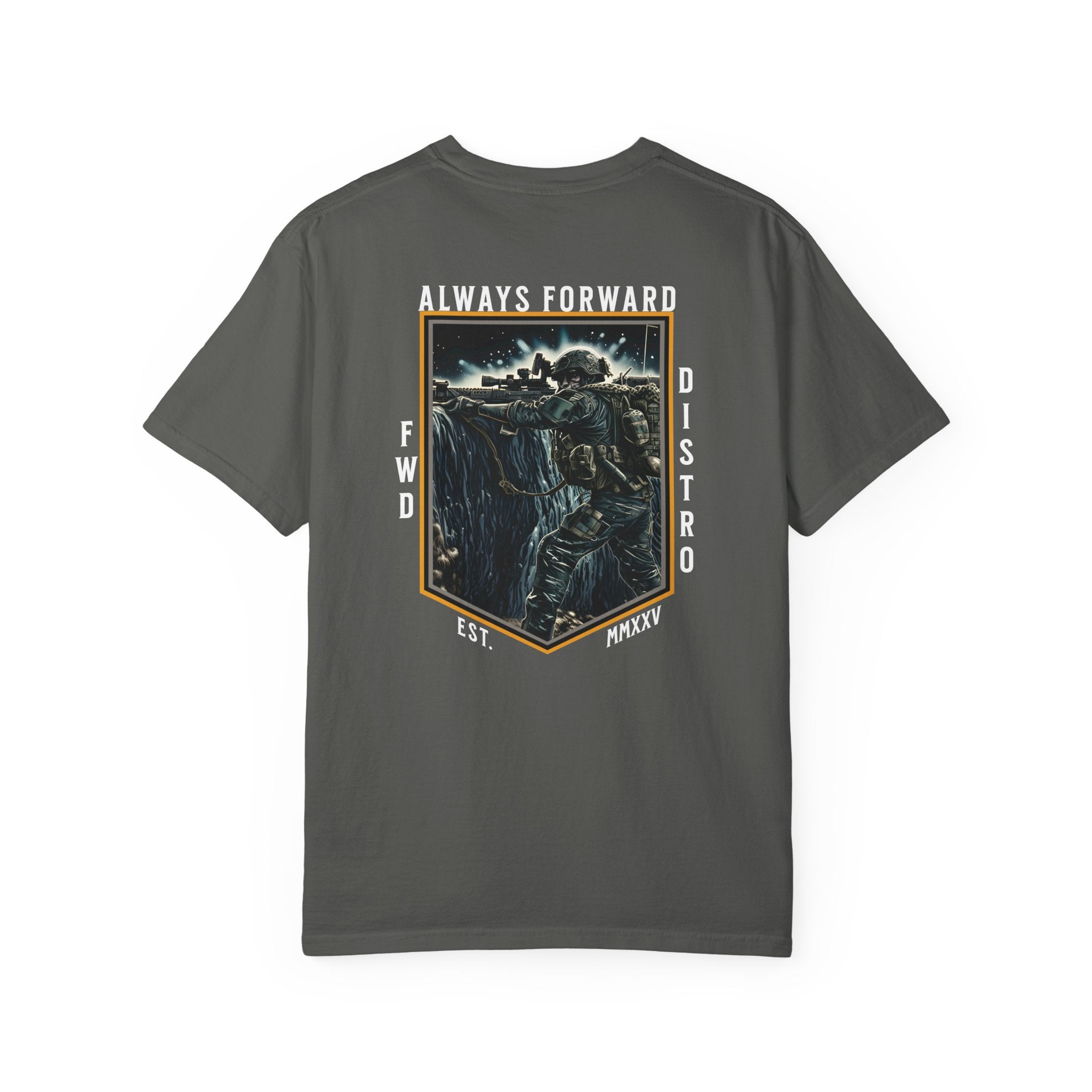 Pepper heavyweight cotton t-shirt with detailed graphic of soldier shooting over bunker and text Always Forward.
