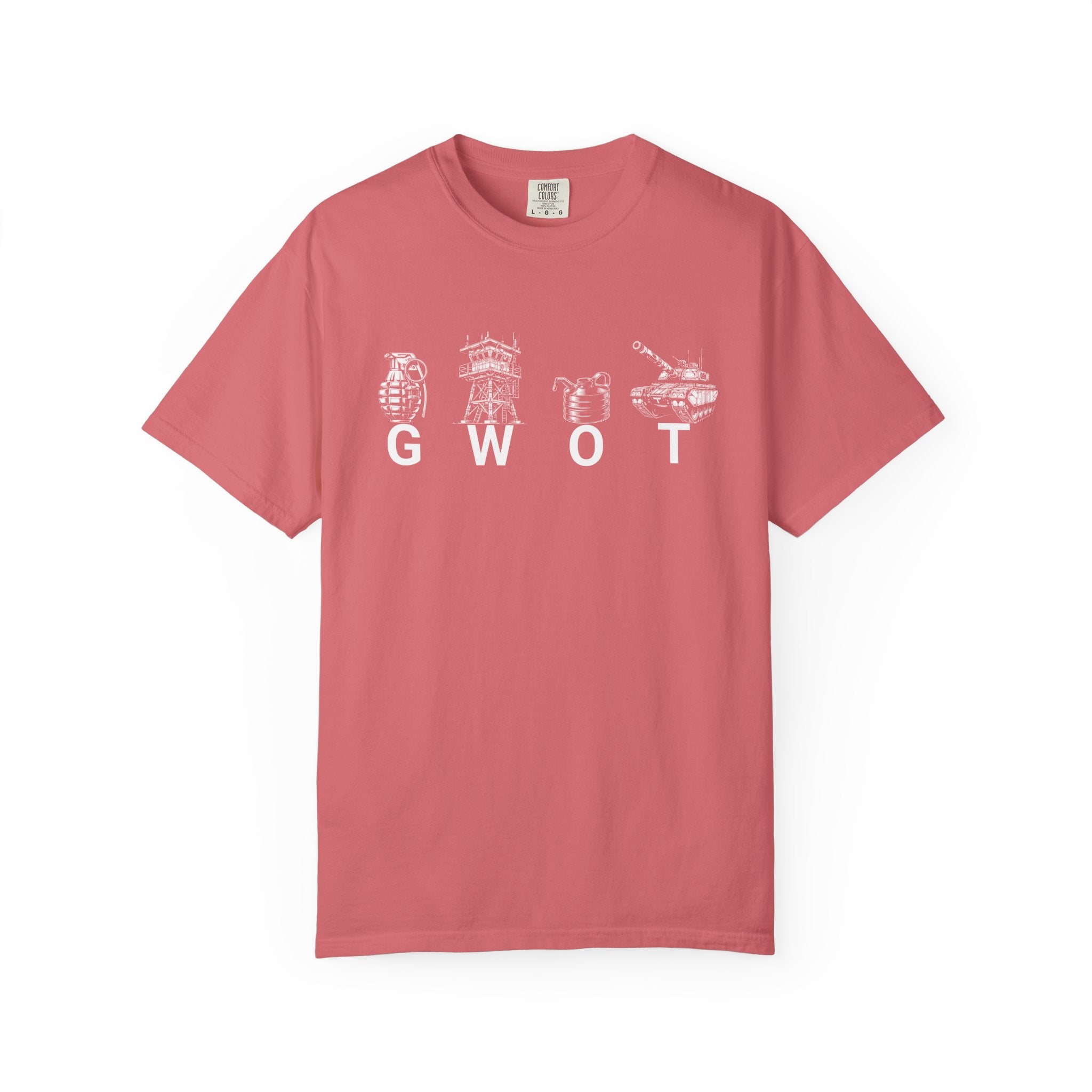 Watermelon GWOT t-shirt with white military-themed graphics and heavyweight 100% ring spun cotton fabric