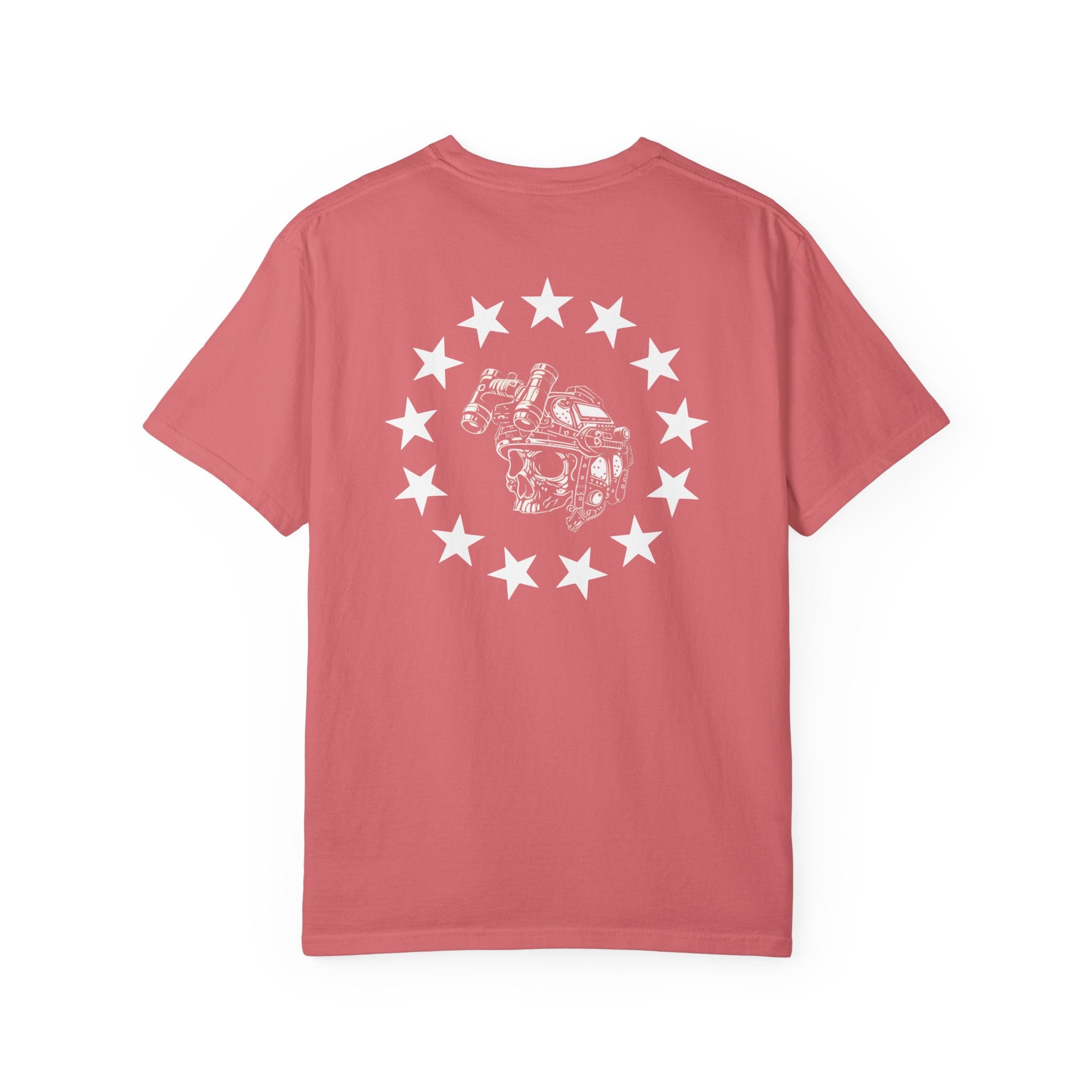 Watermelon heavyweight cotton t-shirt with a white rebellion skull and star circle graphic on the back.