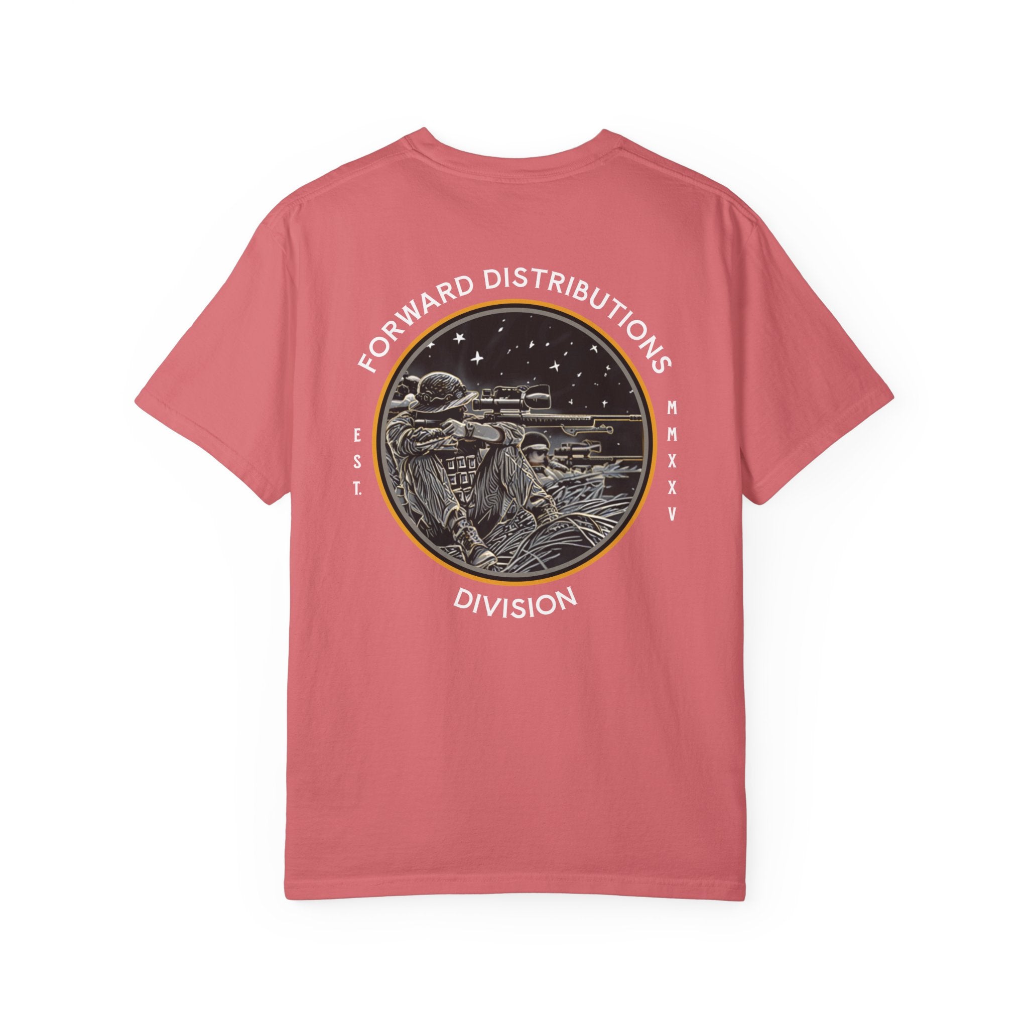 Watermelon FDD Circle III t-shirt with soldier sniper graphic and Forward Distributions Division text on back