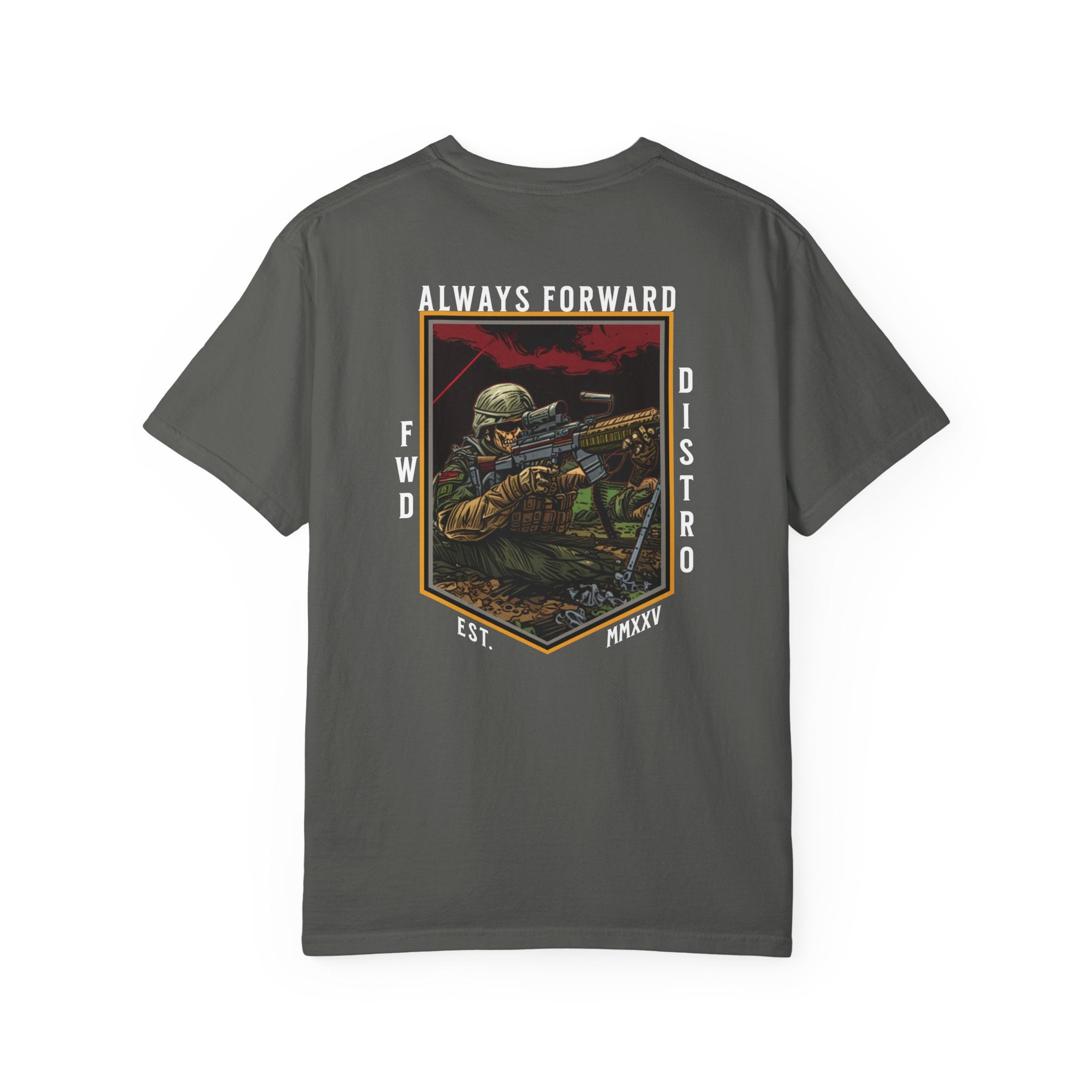 Pepper heavyweight cotton t-shirt with "Always Forward" military sniper graphic and text design on back.