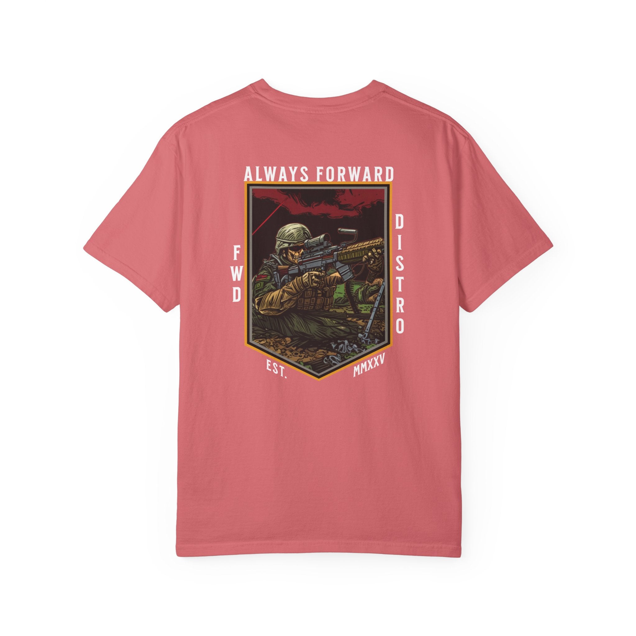 Watermelon heavyweight cotton t-shirt with "Always Forward" military sniper graphic and text design on back.