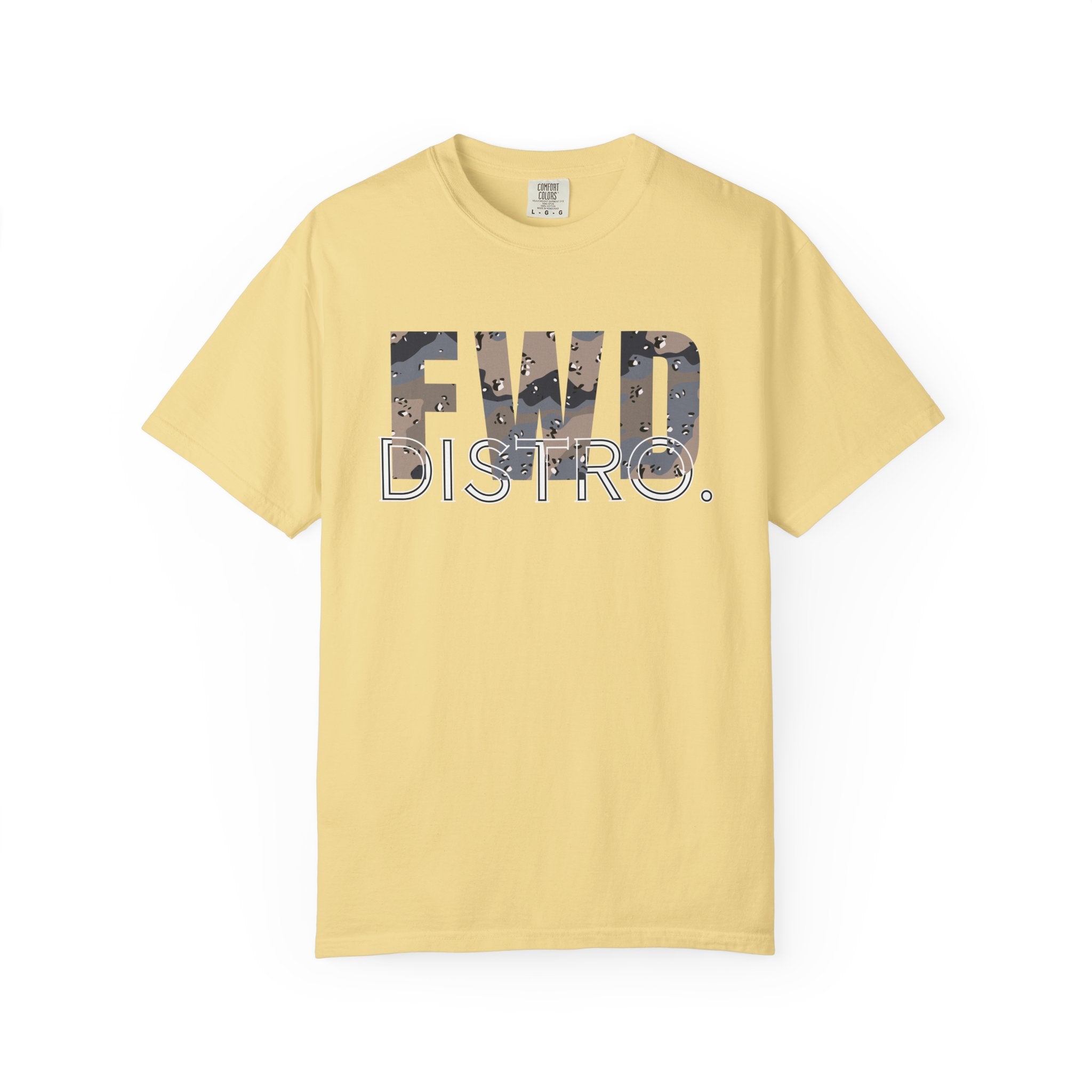 Butter heavyweight cotton T-shirt with FWD DISTRO. logo in Blueberry Chip camo print on front.